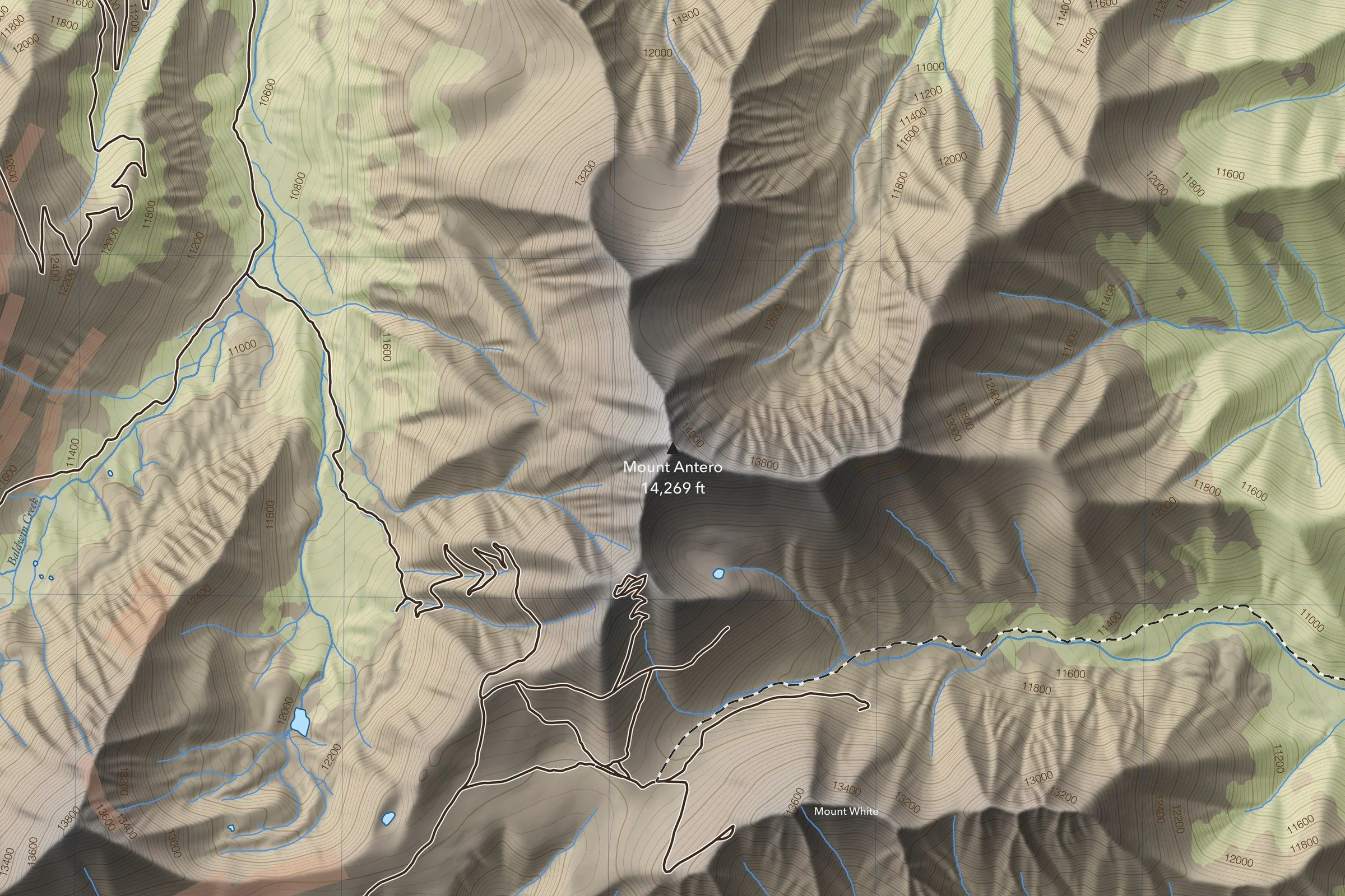 Close-up of the Mount Antero map around the summit