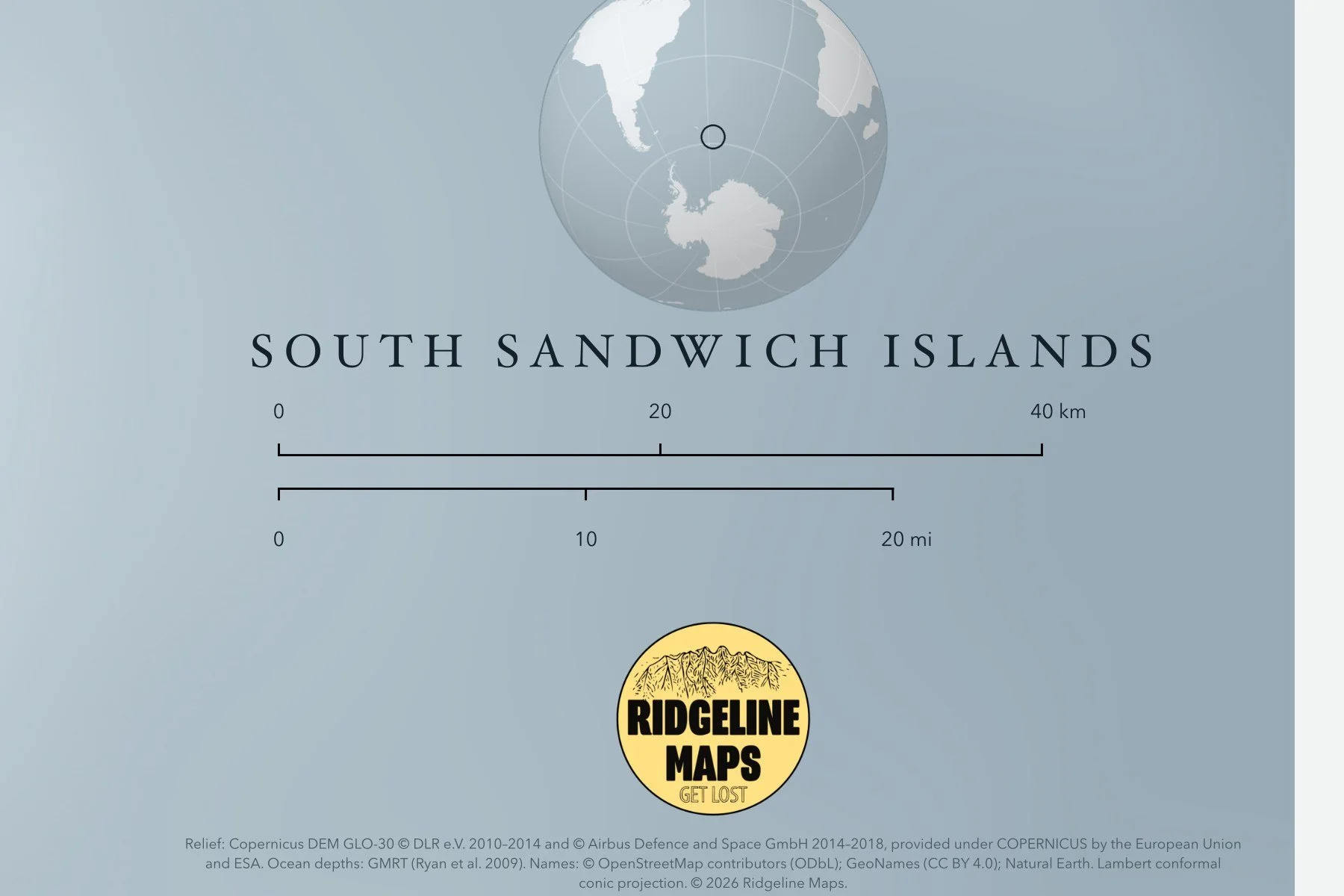 Title, globe locator and scale bar on the South Sandwich Islands map