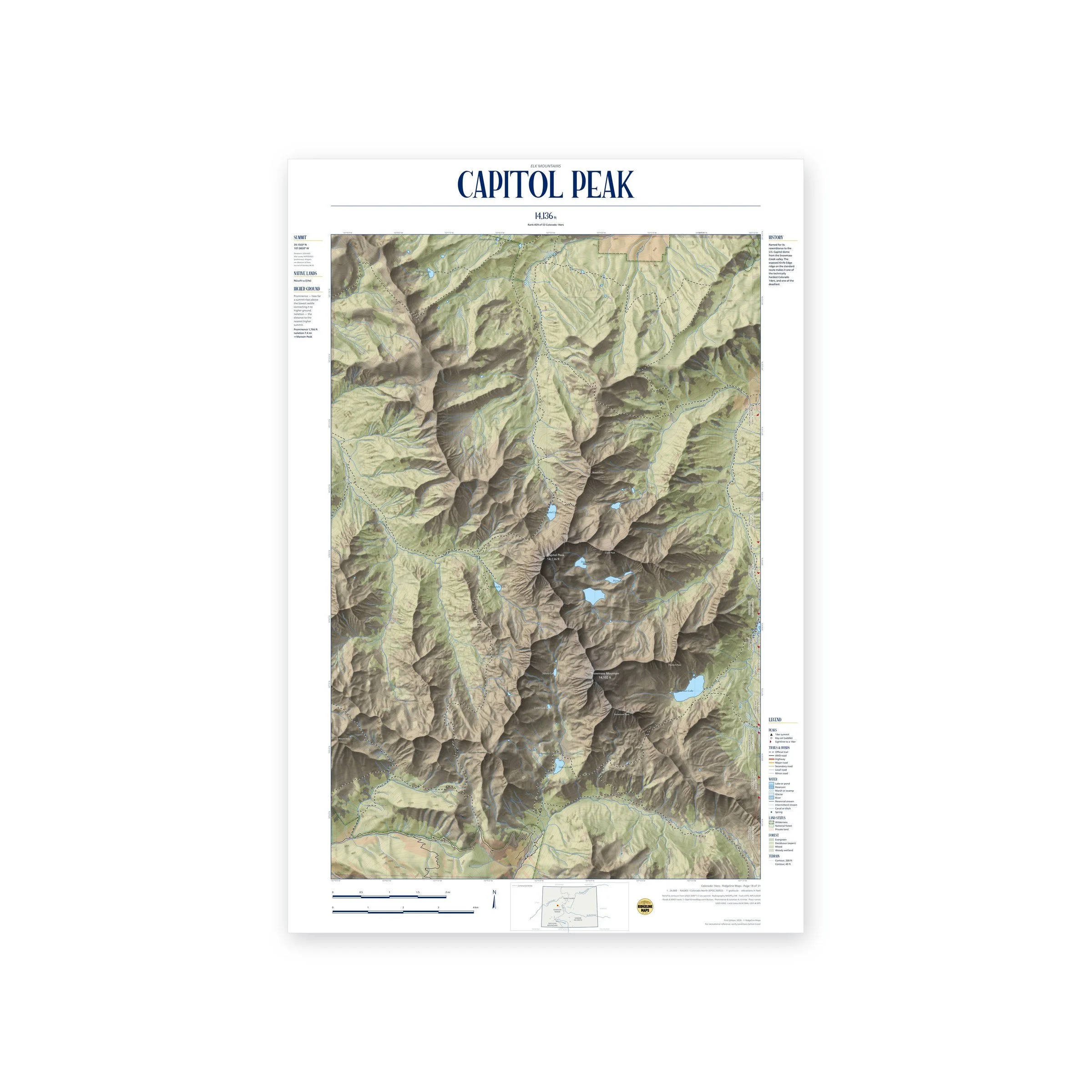 Capitol Peak topographic map print, full view