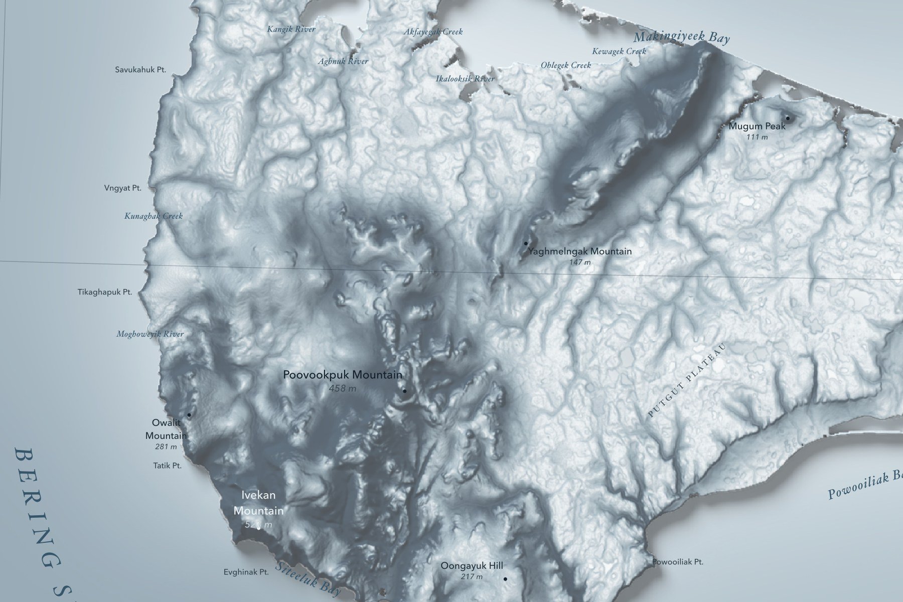 Close-up of the volcanic hills and rivers on the St. Lawrence Island map