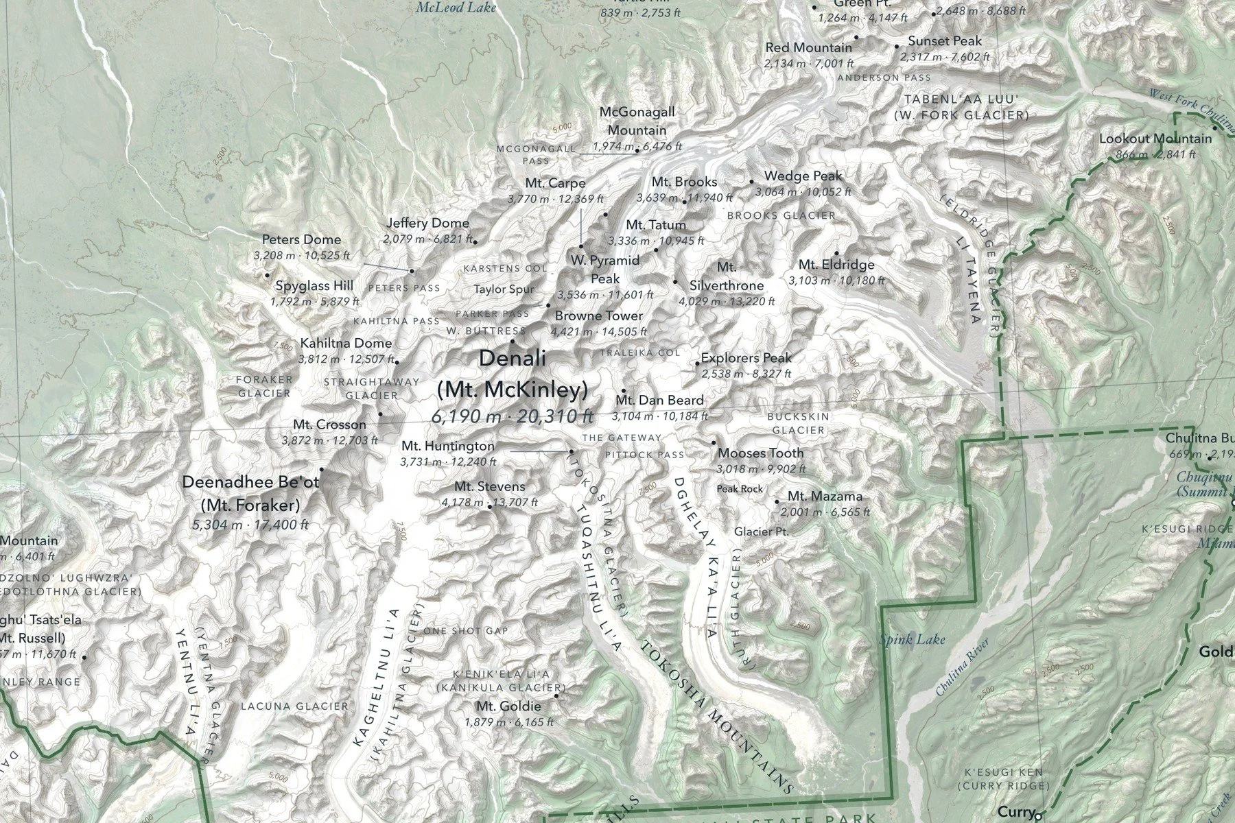 Detail of the Alaska Range map showing Denali, Mt. Foraker and the Kahiltna and Ruth glaciers