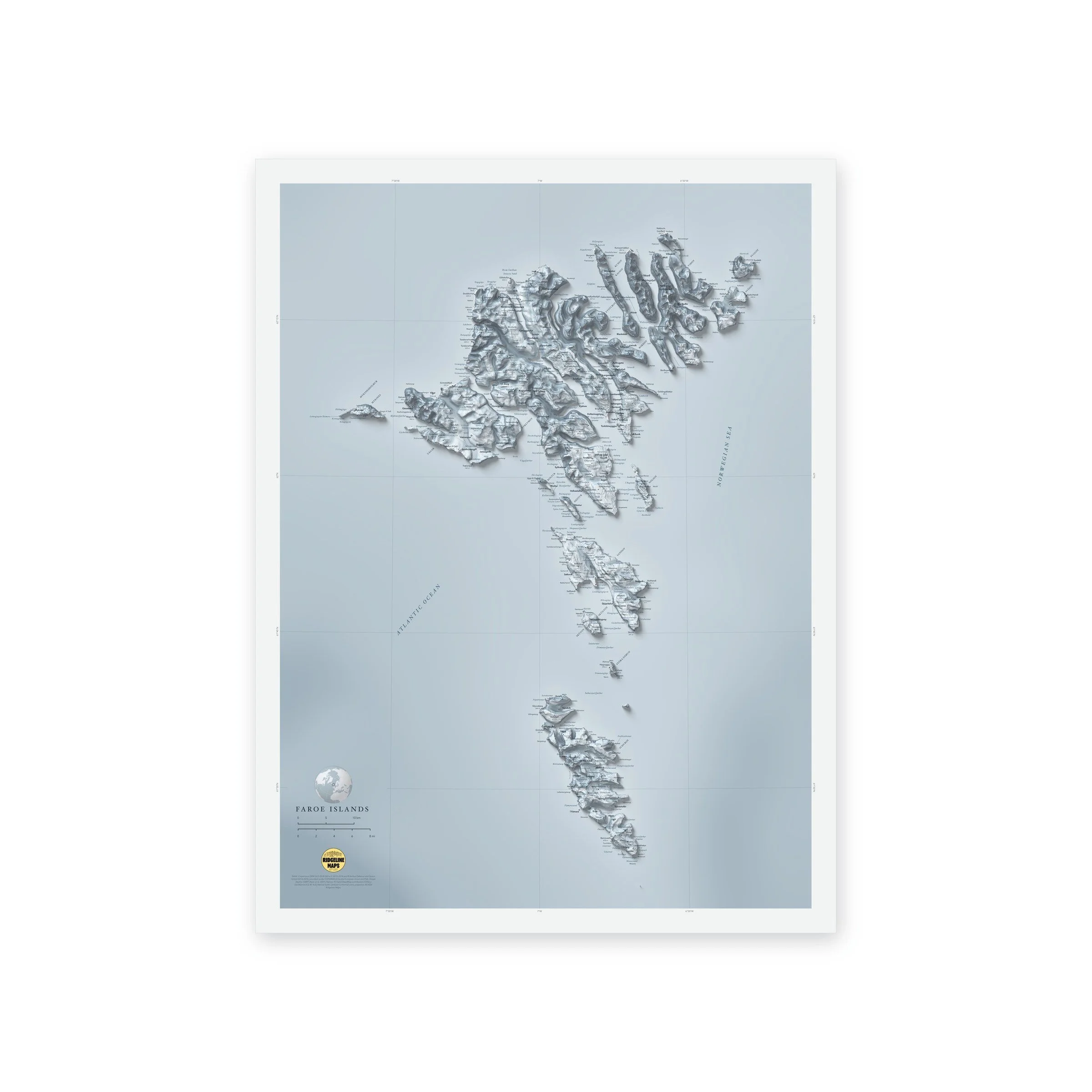 Shaded relief map of the Faroe Islands in the North Atlantic