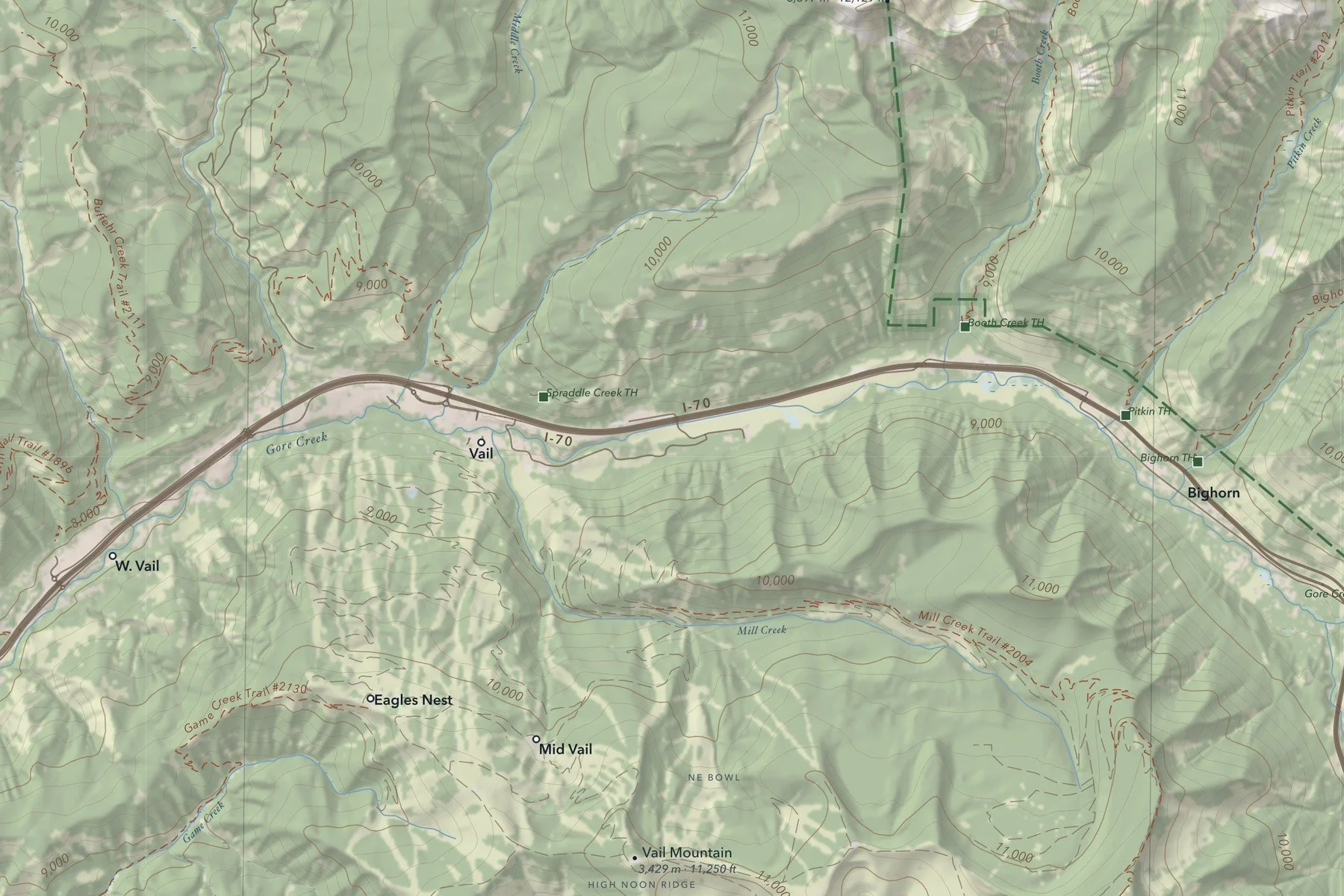 Detail of the Gore Range map showing Vail, Gore Creek and the trailheads along I-70