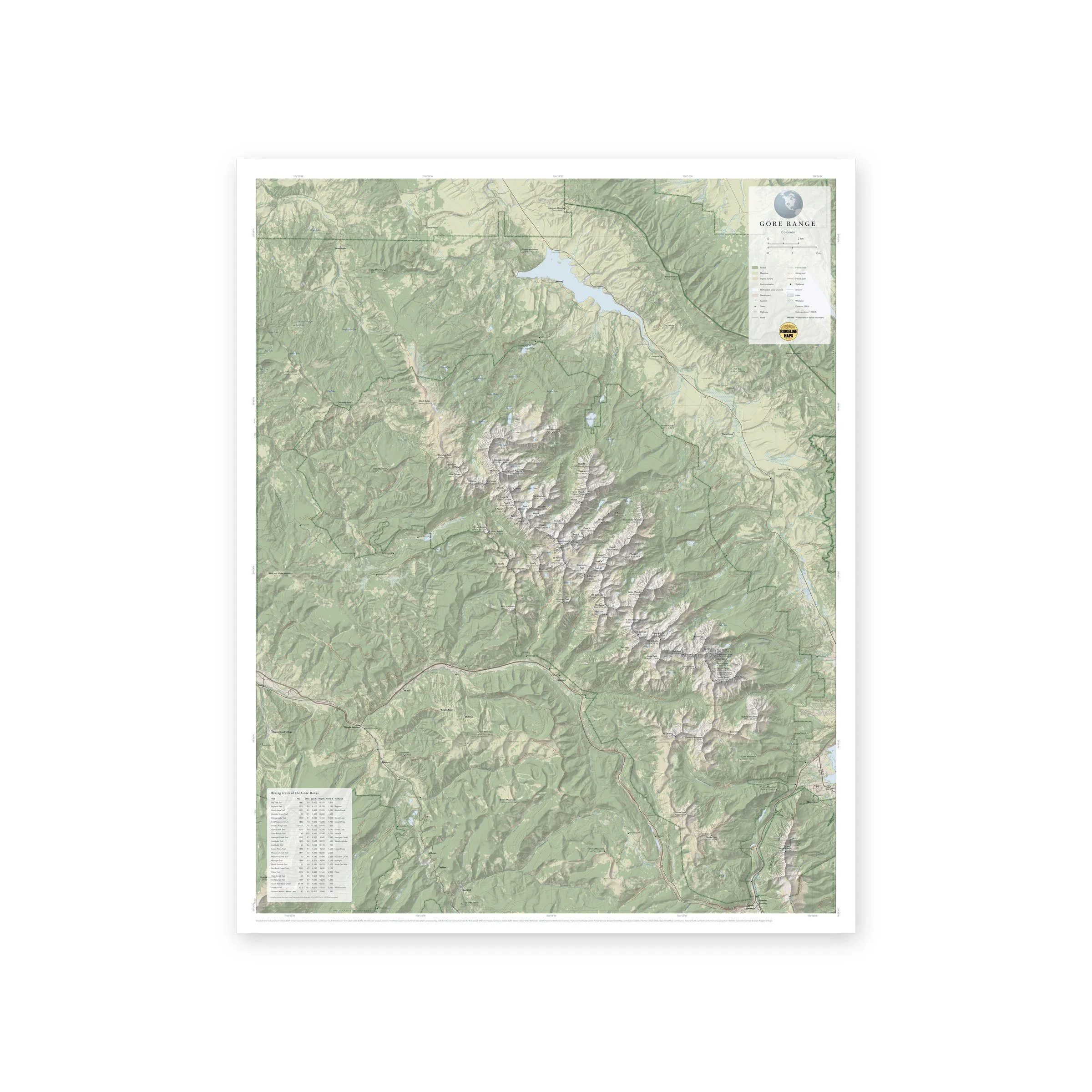 Gore Range topographic map print, full view, with land cover shading, trails and a hiking trail table