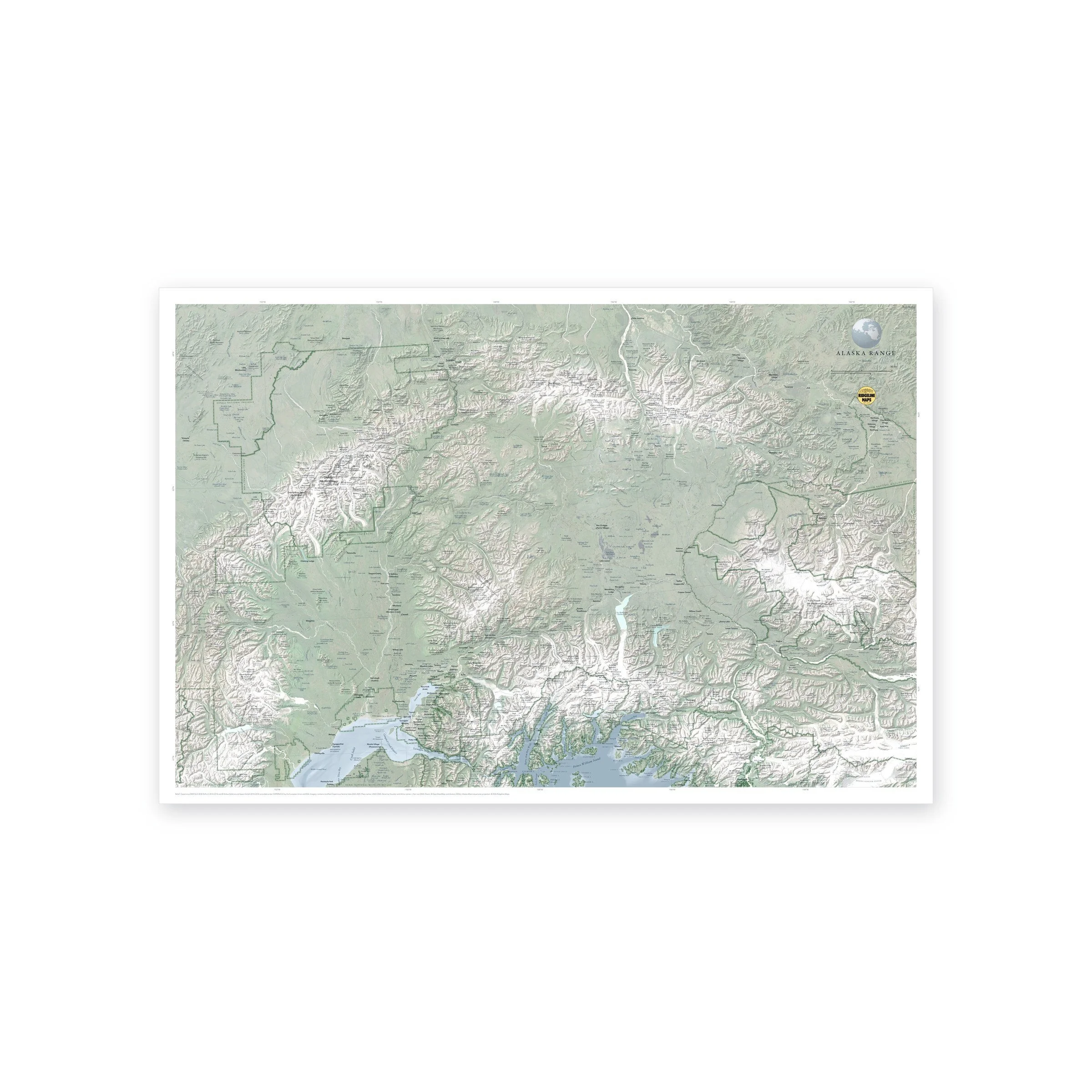 Alaska Range shaded relief map print, full view, from Cook Inlet to the Wrangell Mountains