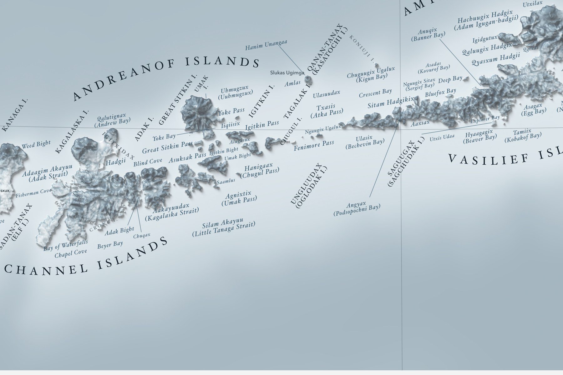 Close-up of the Andreanof Islands on the Aleutian Islands map