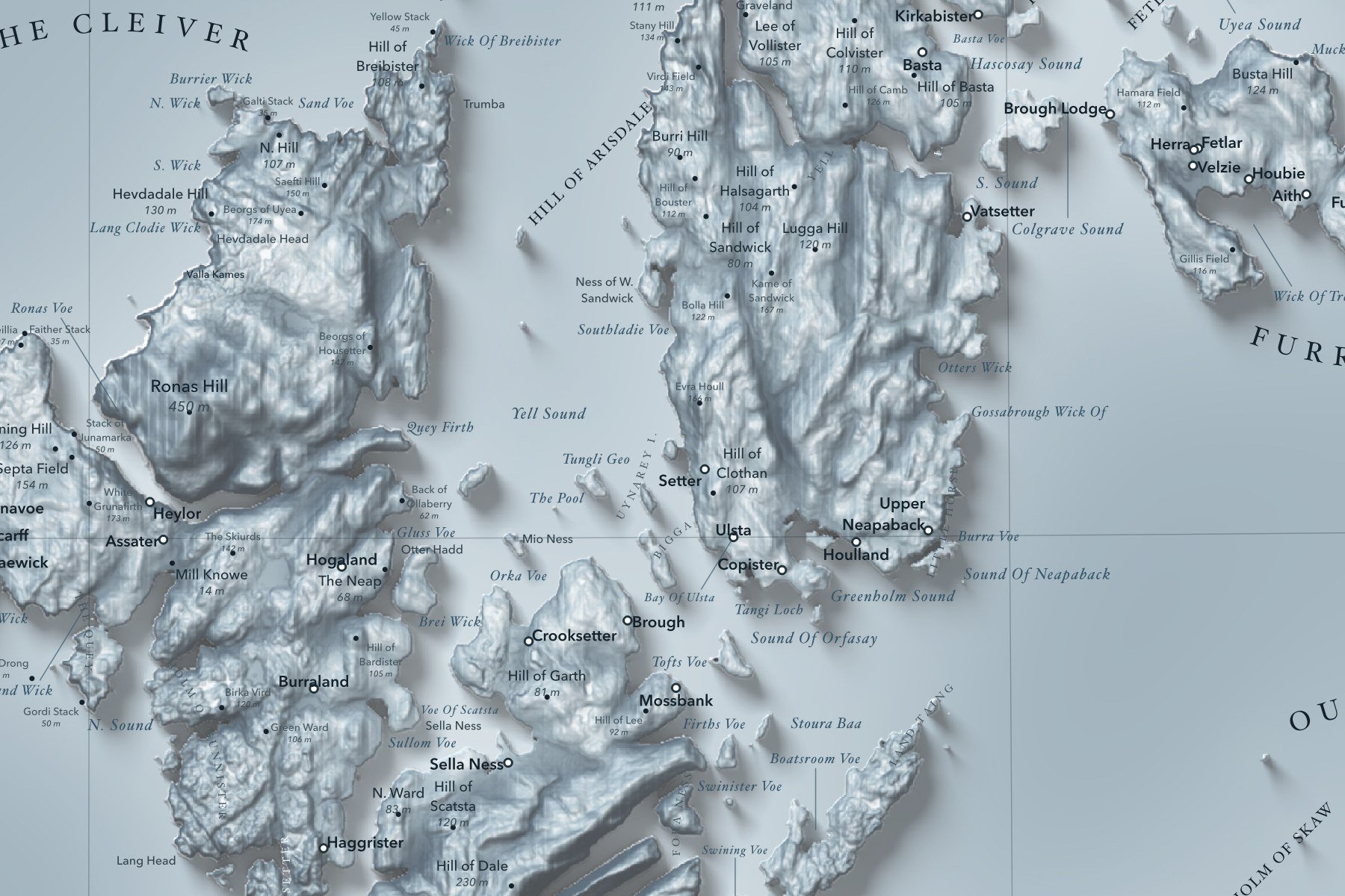 Close-up of northern Shetland on the shaded relief map
