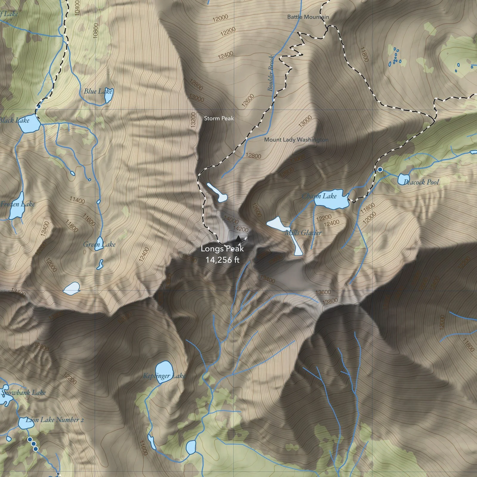 Detail of the Longs Peak topographic map from the Colorado 14ers series, with shaded relief, trails and lakes