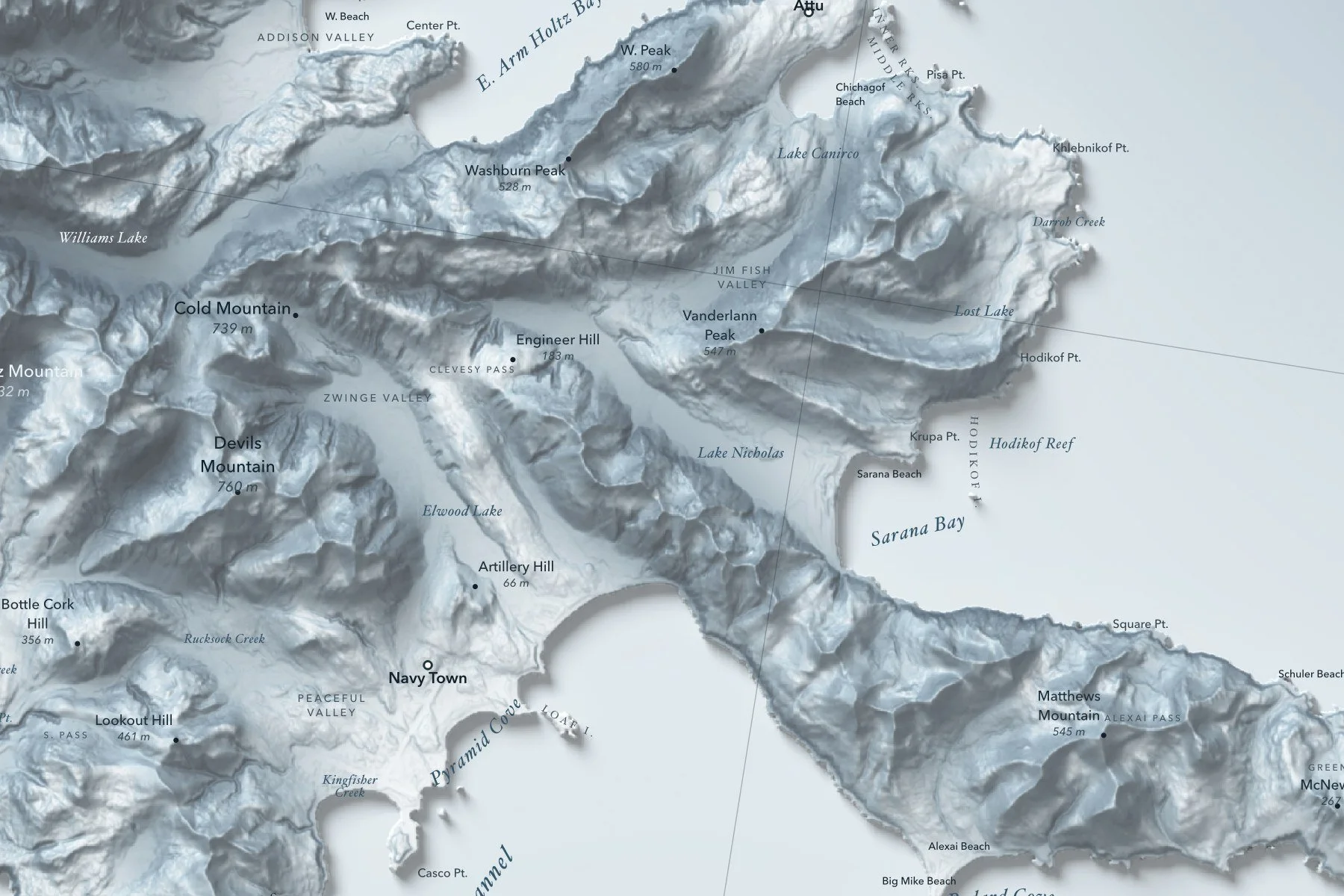 Close-up of Navy Town, Sarana Bay and the eastern peaks on the Attu map