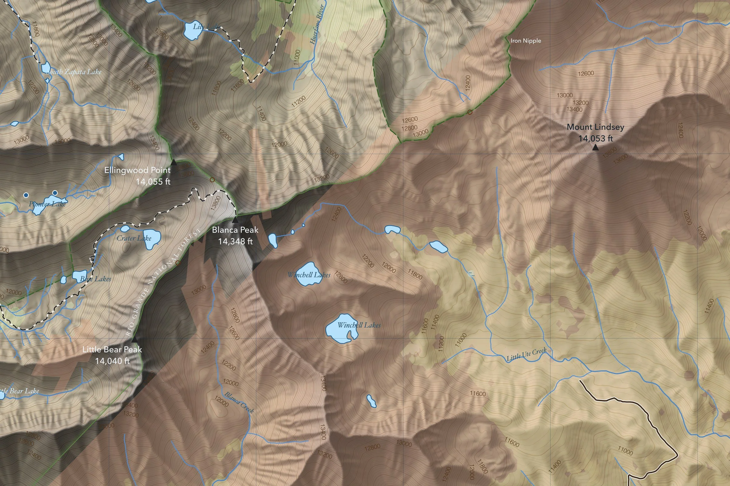 Close-up of the Blanca Massif map around the summit