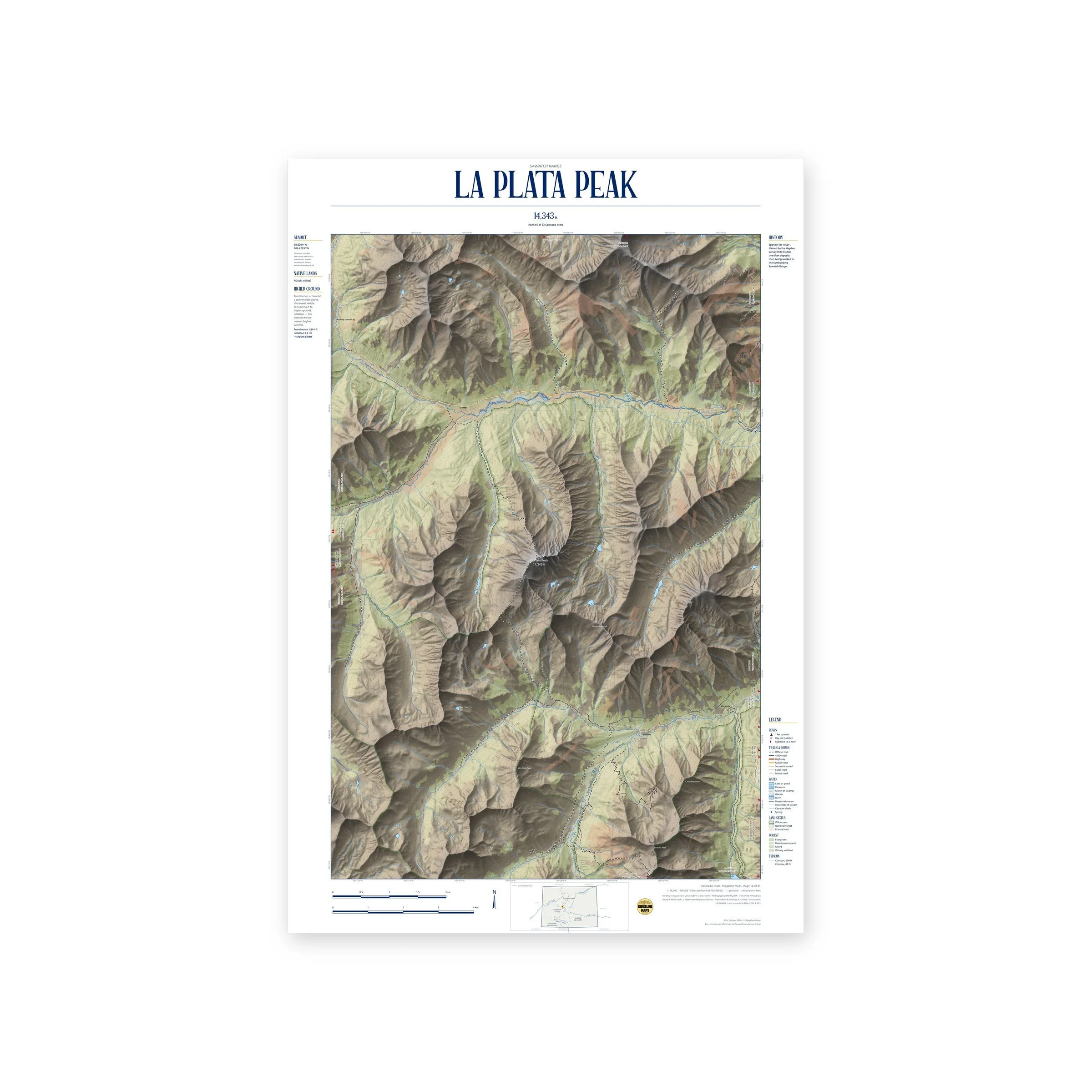 La Plata Peak topographic map print, full view