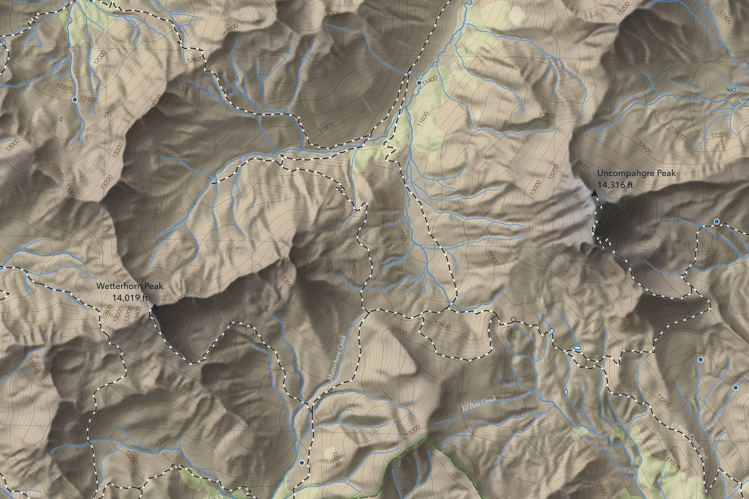 Close-up of the Uncompahgre & Wetterhorn map around the summit