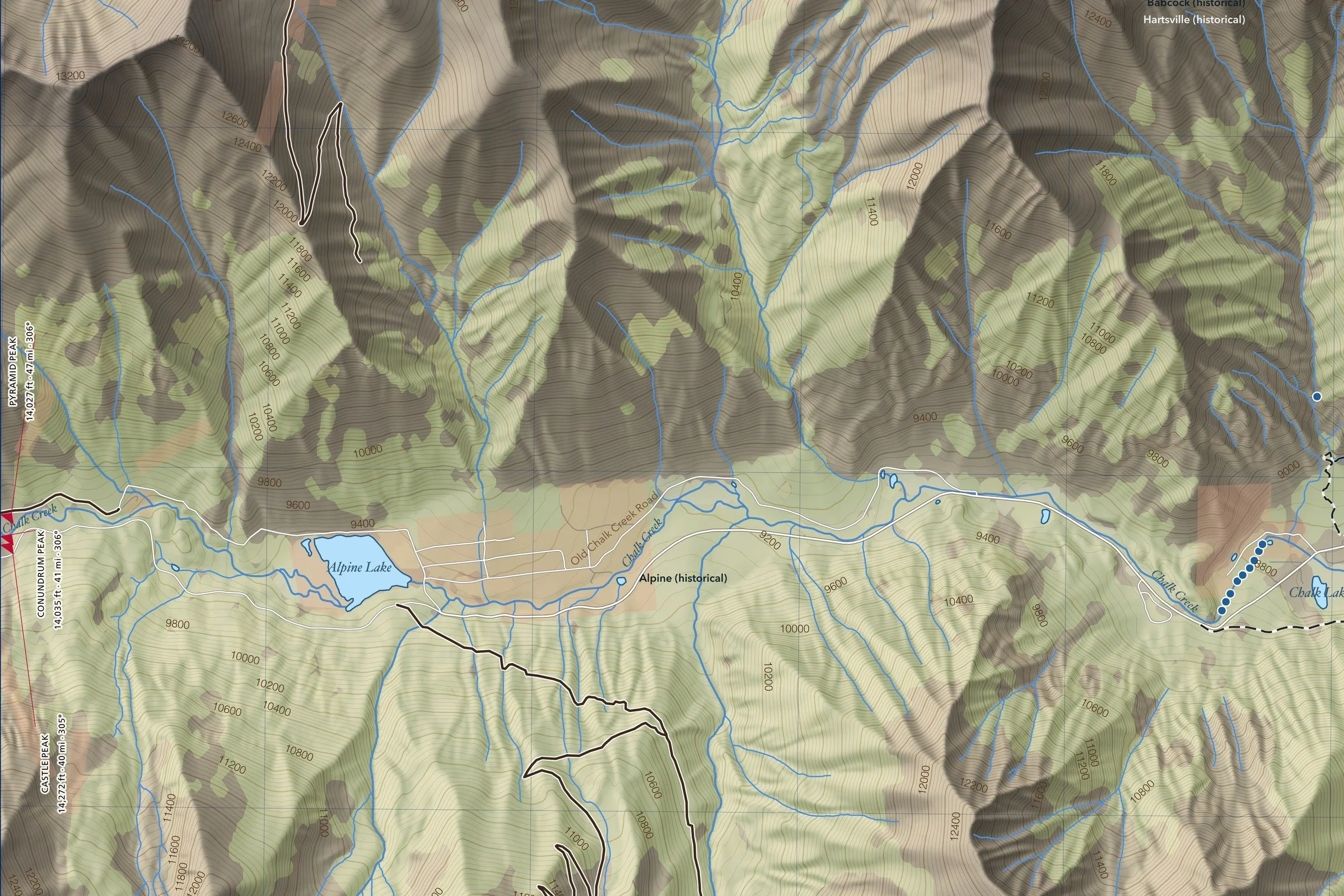 Close-up of the Mount Antero map showing trails, lakes and contours