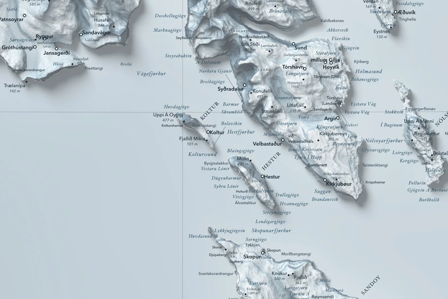 Close-up of the central Faroe Islands on the shaded relief map