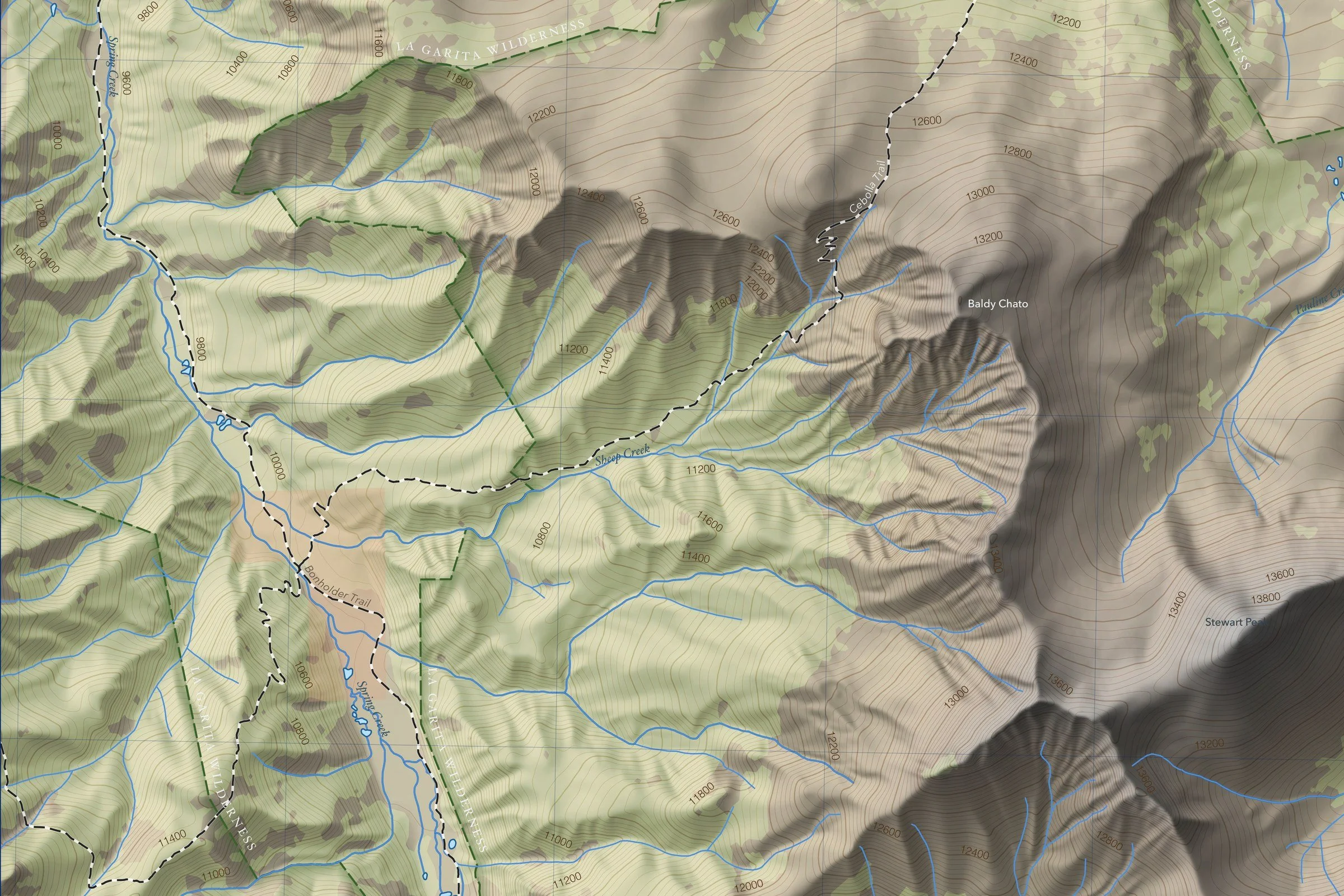 Close-up of the San Luis Peak map showing trails, lakes and contours