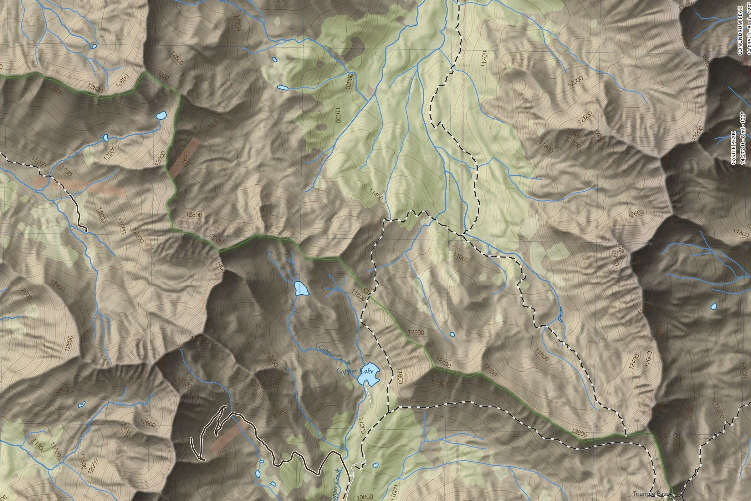 Close-up of the Maroon Bells & Pyramid map showing trails, lakes and contours