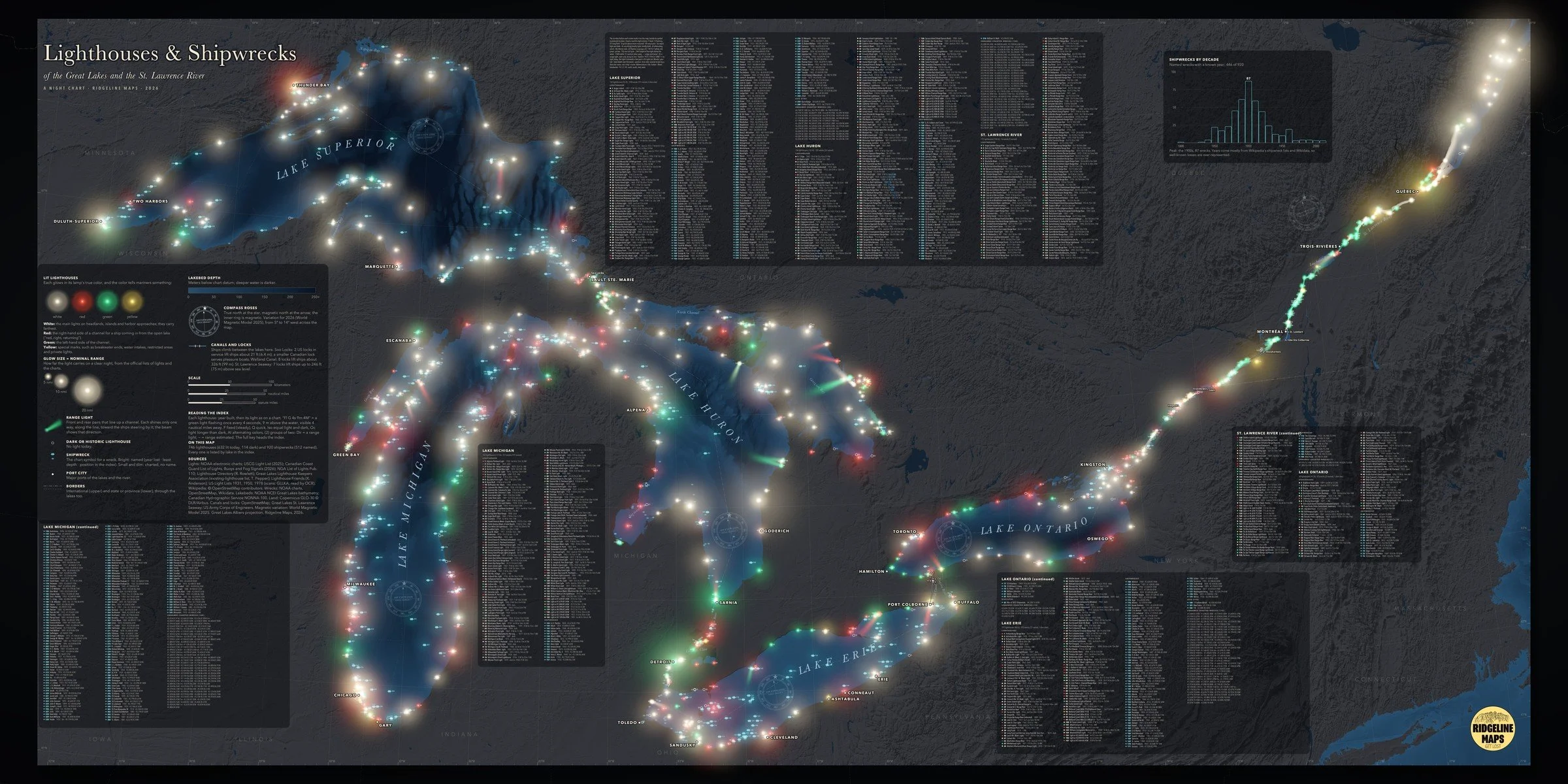 Lighthouses & Shipwrecks of the Great Lakes print: a dark night chart of all five Great Lakes and the St. Lawrence River, with lighthouses glowing in color and index panels around the edges