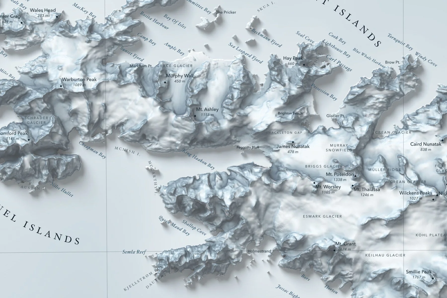 Close-up of South Georgia's northwest coast on the shaded relief map