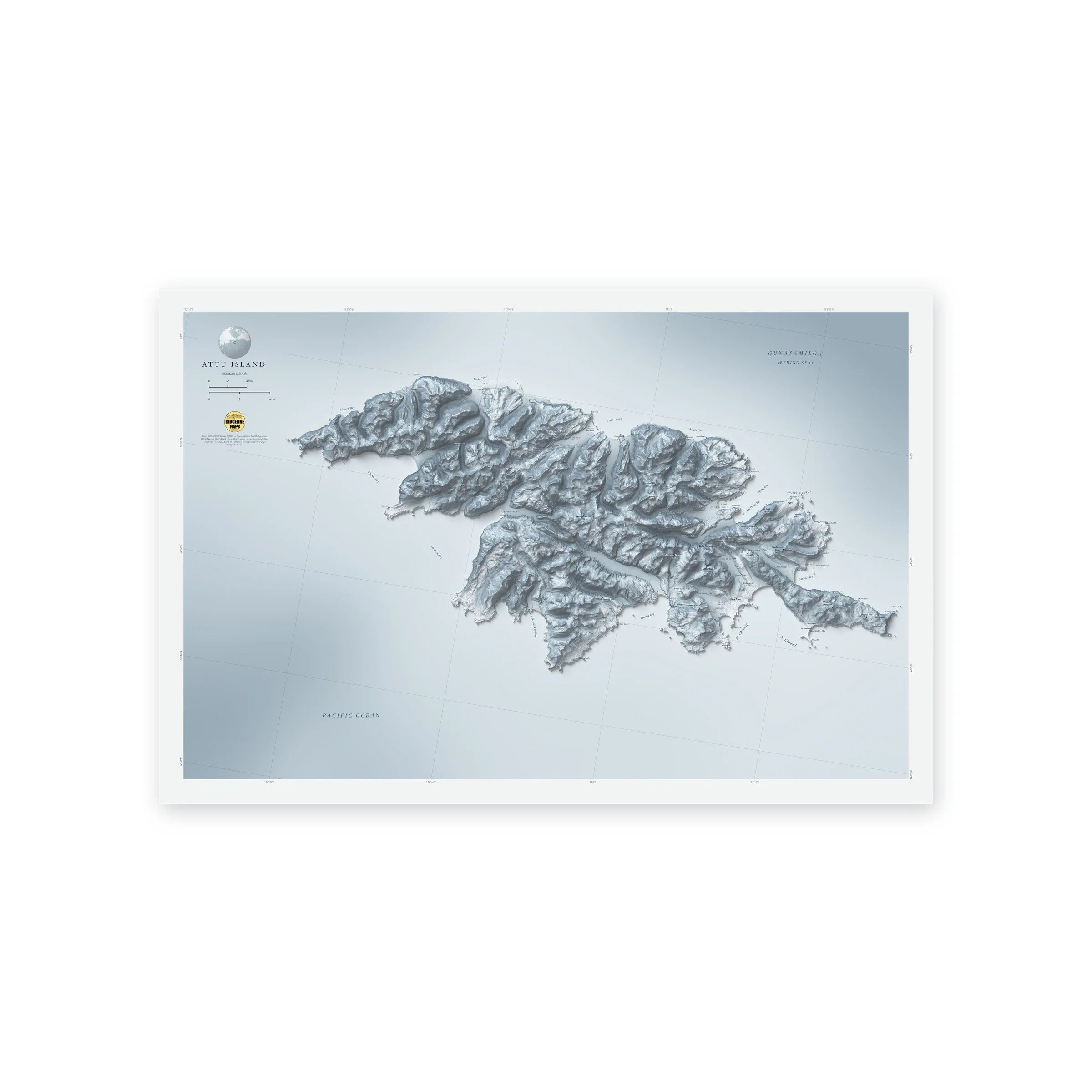 Shaded relief map of Attu Island in Alaska's Aleutian Islands