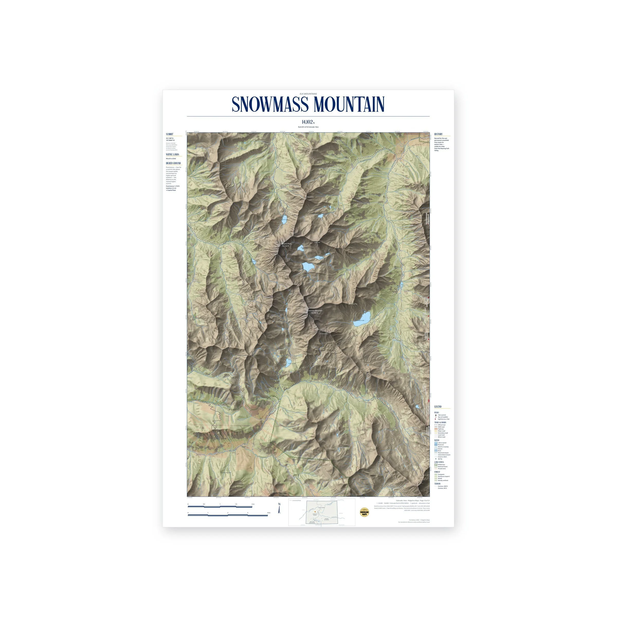 Snowmass Mountain topographic map print, full view