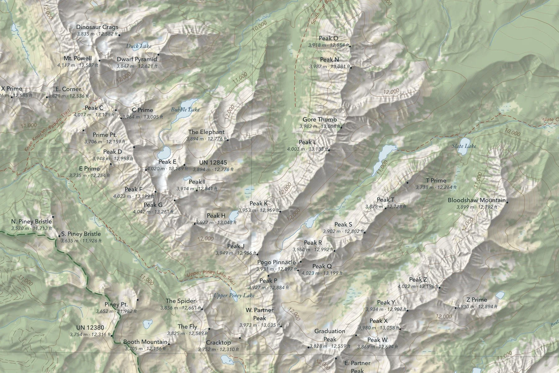 Detail of the Gore Range map showing Mt. Powell and the lettered peaks with their elevations