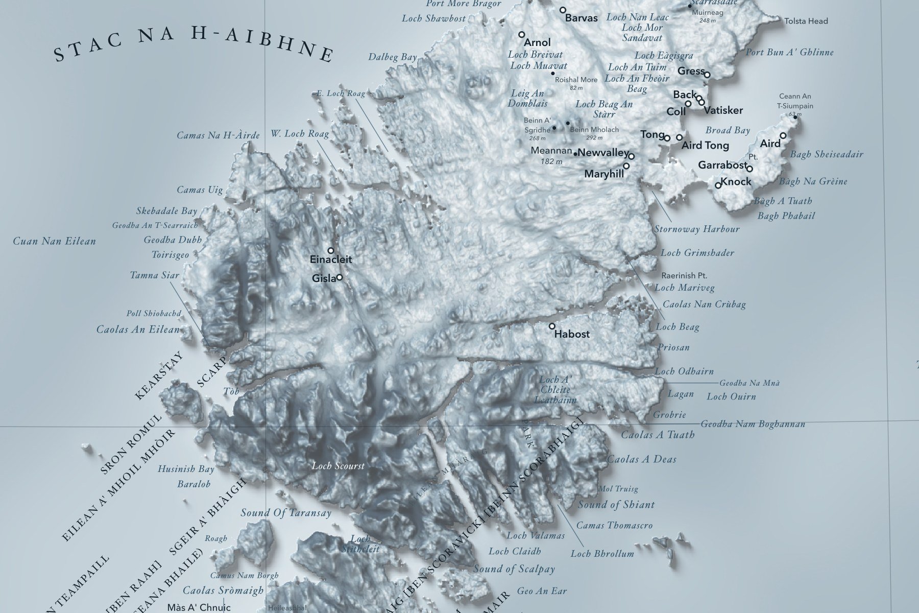Close-up of the Isle of Lewis on the Hebrides shaded relief map