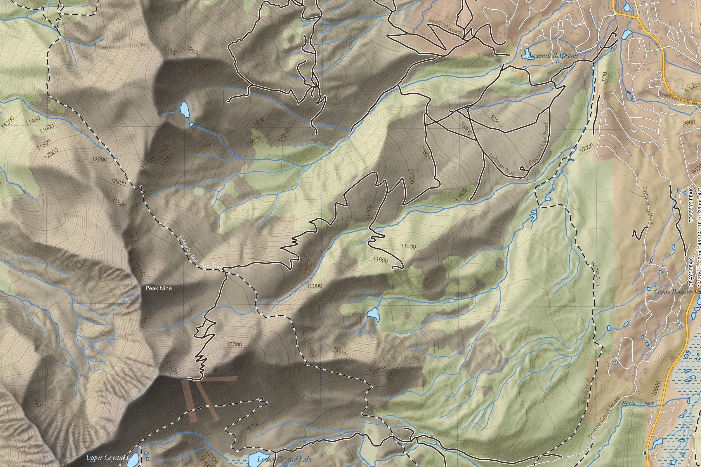 Close-up of the Quandary Peak map showing trails, lakes and contours