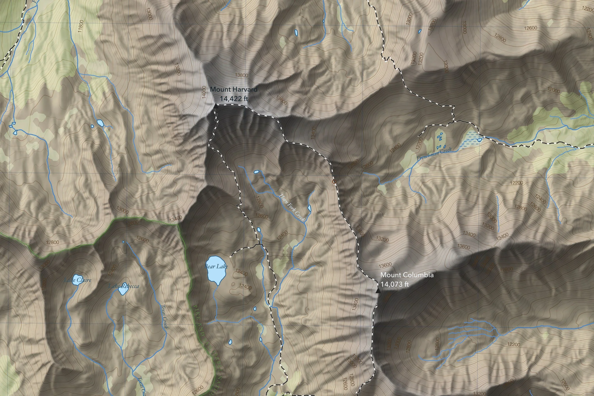 Close-up of the Harvard & Columbia map around the summit