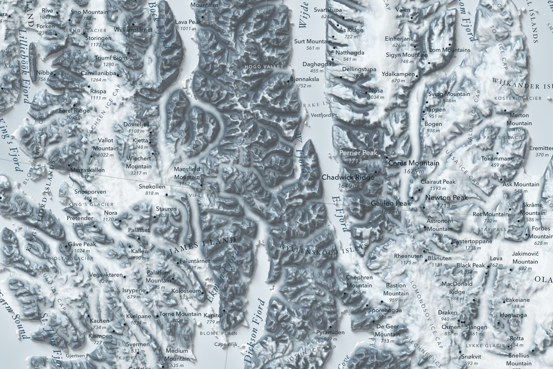 Close-up of the mountains of northwest Spitsbergen on the Svalbard map