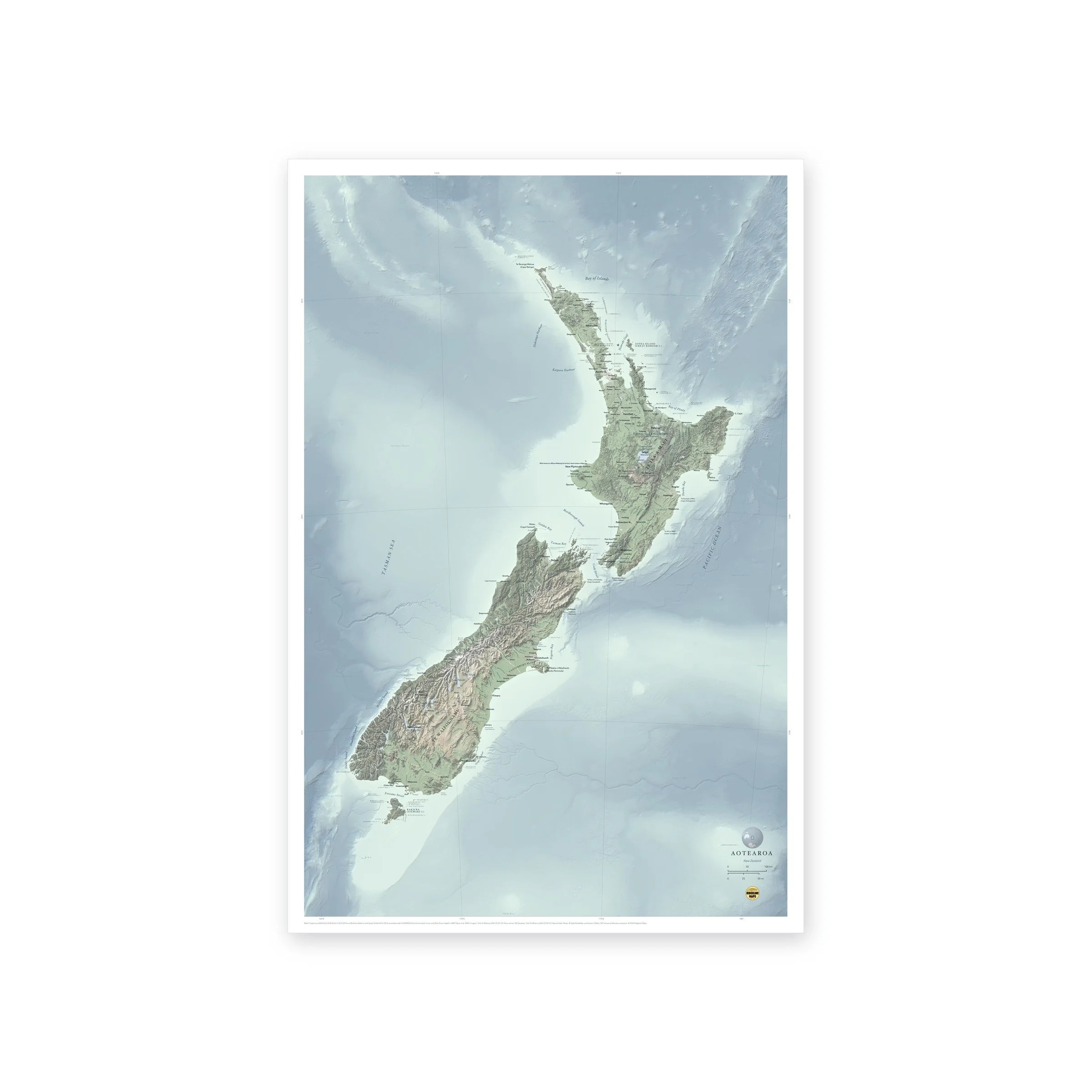 Shaded relief map of Aotearoa New Zealand with the surrounding sea floor