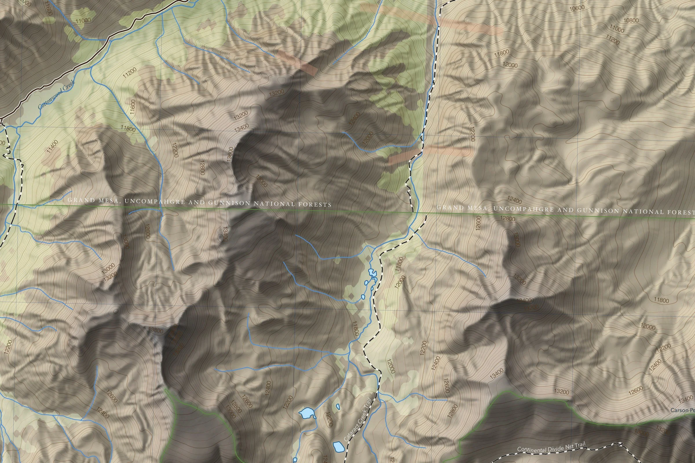 Close-up of the Redcloud & Sunshine map showing trails, lakes and contours