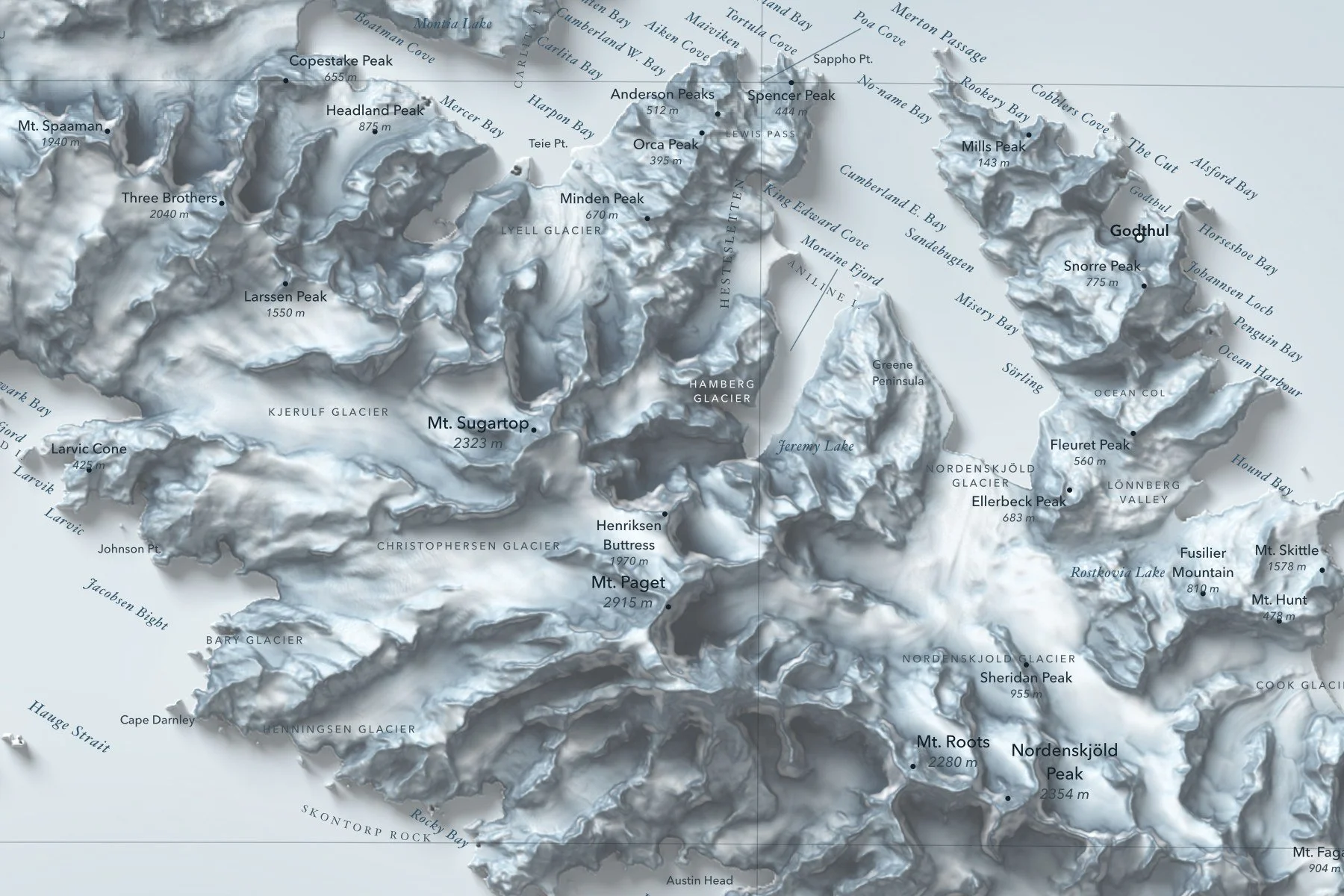 Close-up of South Georgia's central mountains and glaciers on the shaded relief map