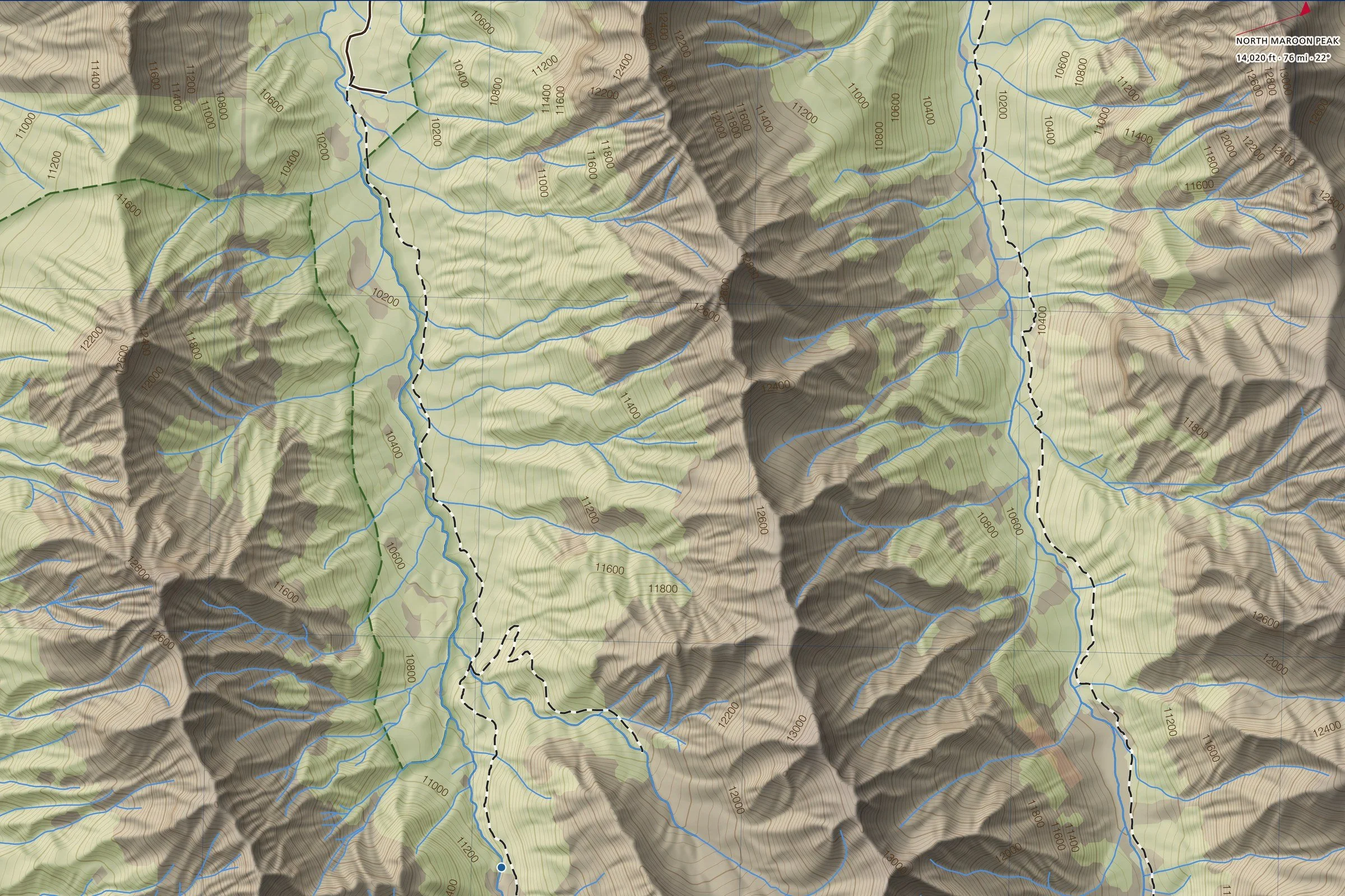 Close-up of the Uncompahgre & Wetterhorn map showing trails, lakes and contours