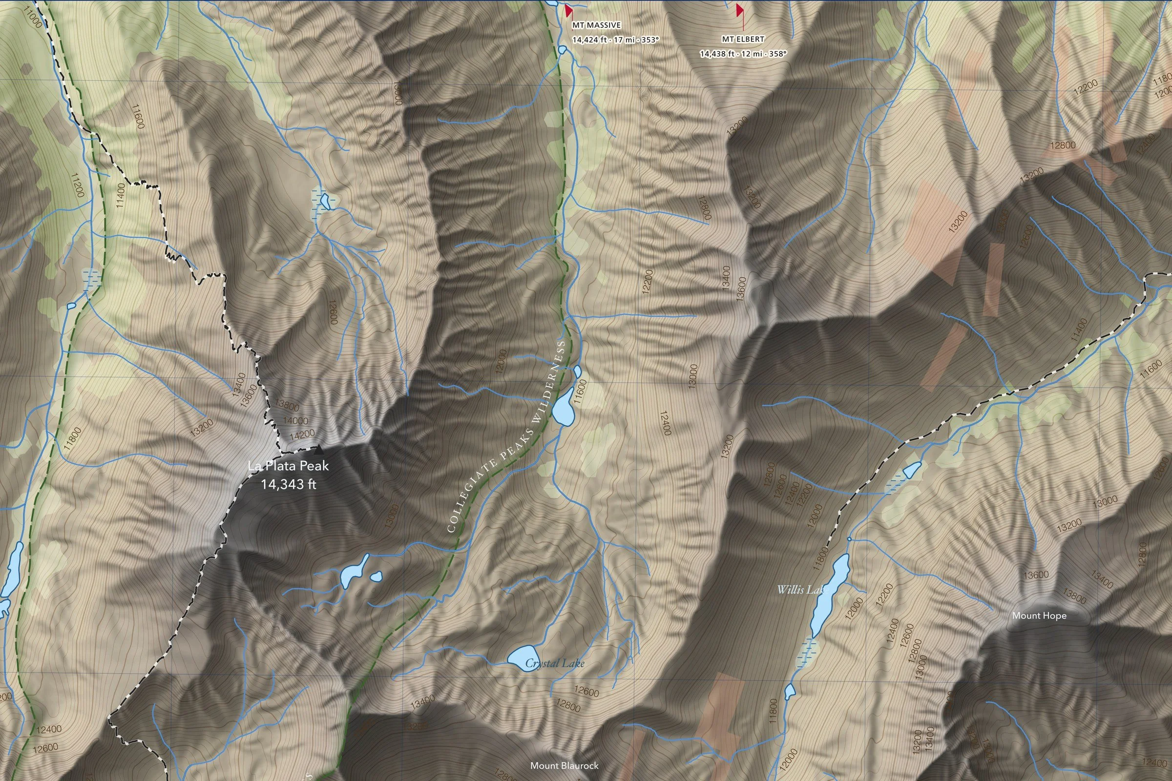 Close-up of the Huron Peak map showing trails, lakes and contours