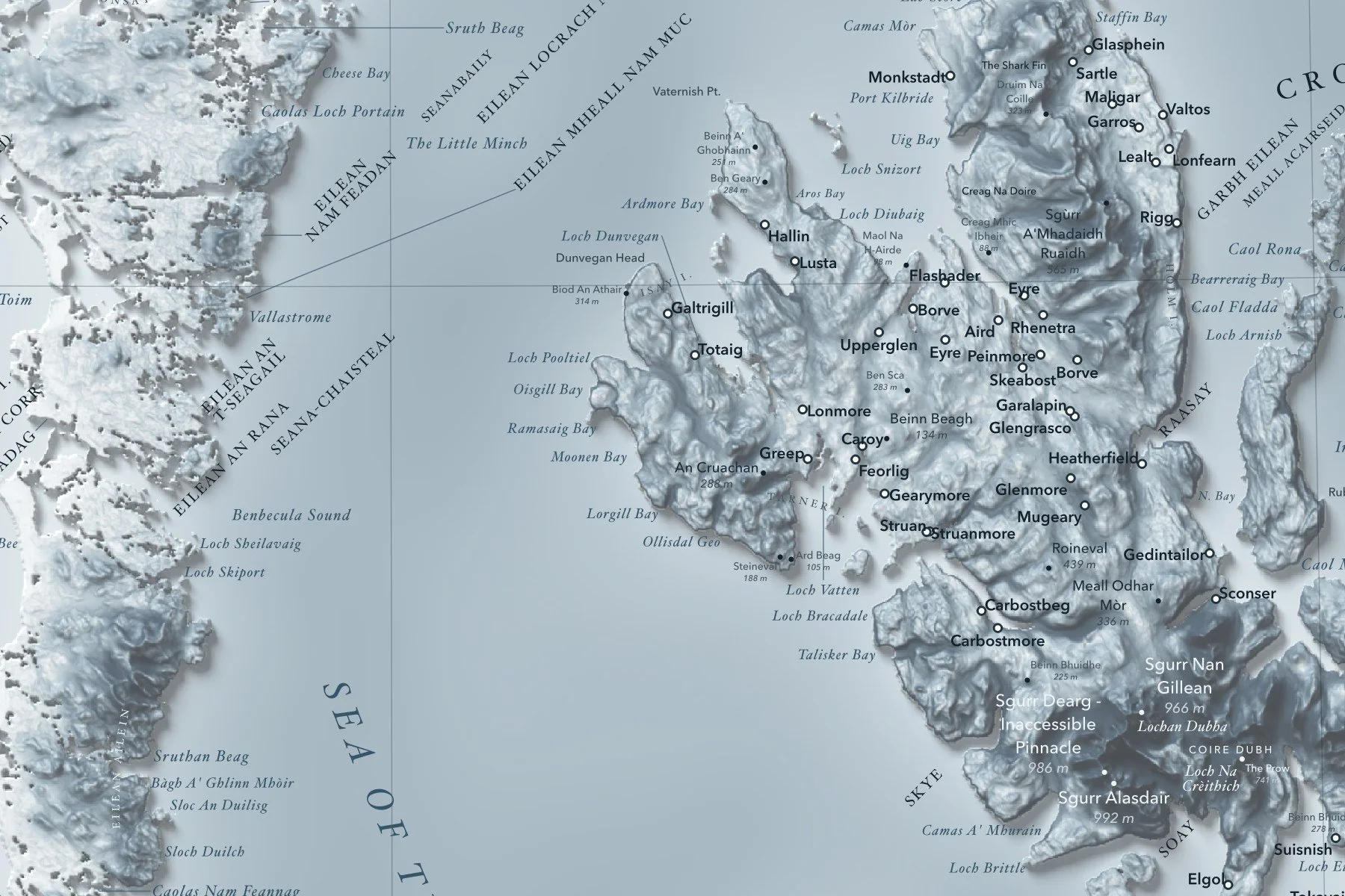 Close-up of the Isle of Skye on the Hebrides shaded relief map