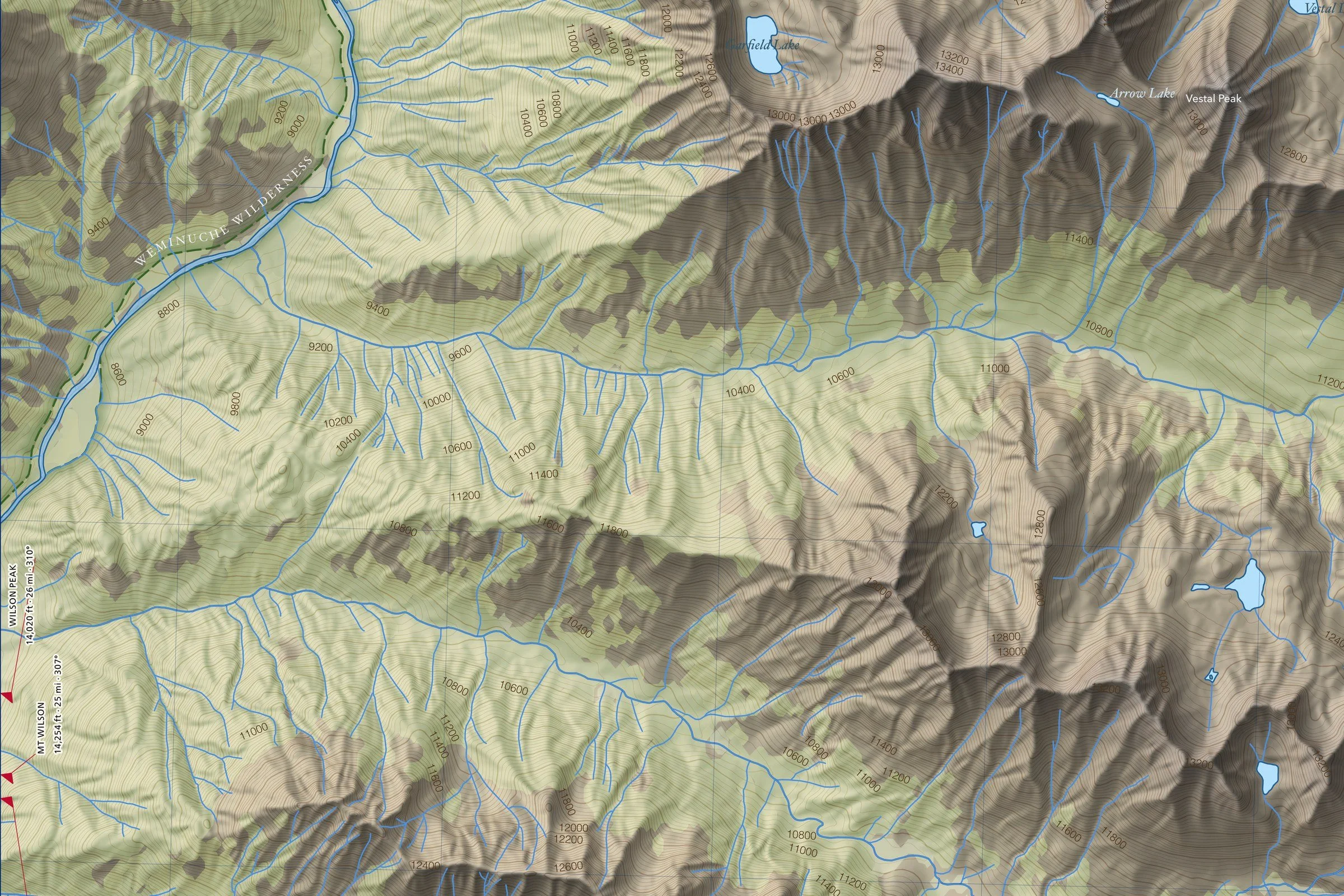 Close-up of the Chicago Basin map showing trails, lakes and contours