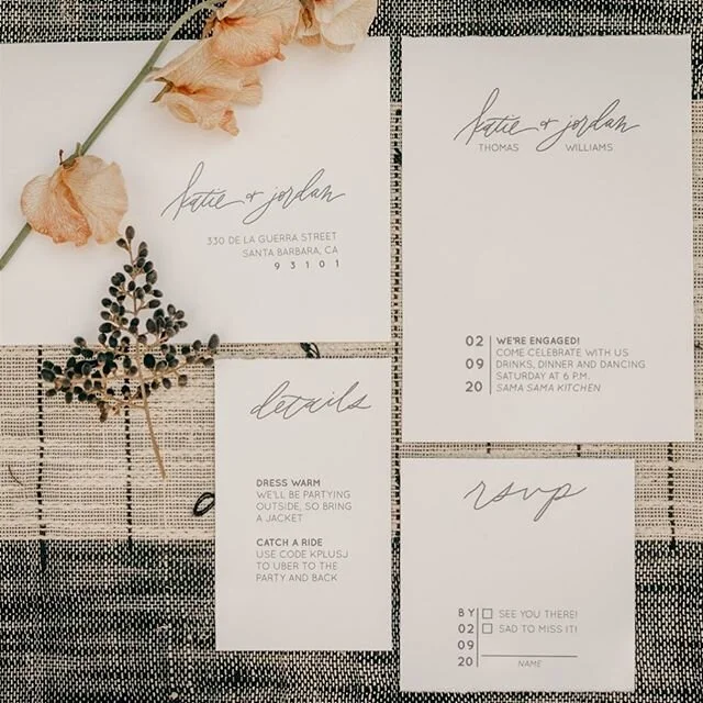 Does February feel like forever ago to anyone else?! With all that&rsquo;s been going on I forgot I had photos to share from this cool engagement party styled shoot I did in February! I had fun doing a bit more of a modern style for the invite. 
Photographer: @albanykatz Coordination: @freschevents Floral: @dulce_floral_design Venue: @samasamakitchen 
#weddinginvitations #weddinginvitationdesign #calligraphy #santabarbarawedding #santabarbaracalligrapher #santabarbaracalligraphy #moderncalligraphy #engagementparty #dailydoseofpaper #weddingpaper