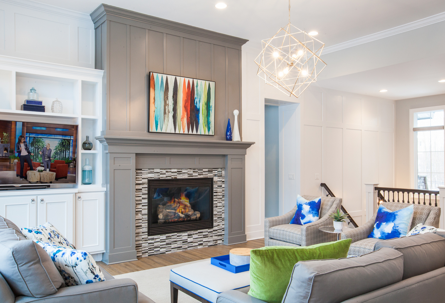 Manchester Hills, Grand Rapids, Michigan, Interior Designer, Fuchsia Design, Fuschia Design, Autumn Fuchs, Interior Design, West Michigan, Autocad, renovation, pop of color, talsma furniture, blue, green, mosaic tile fireplace, chelsea gray, chelsea grey, benjamin moore, 
