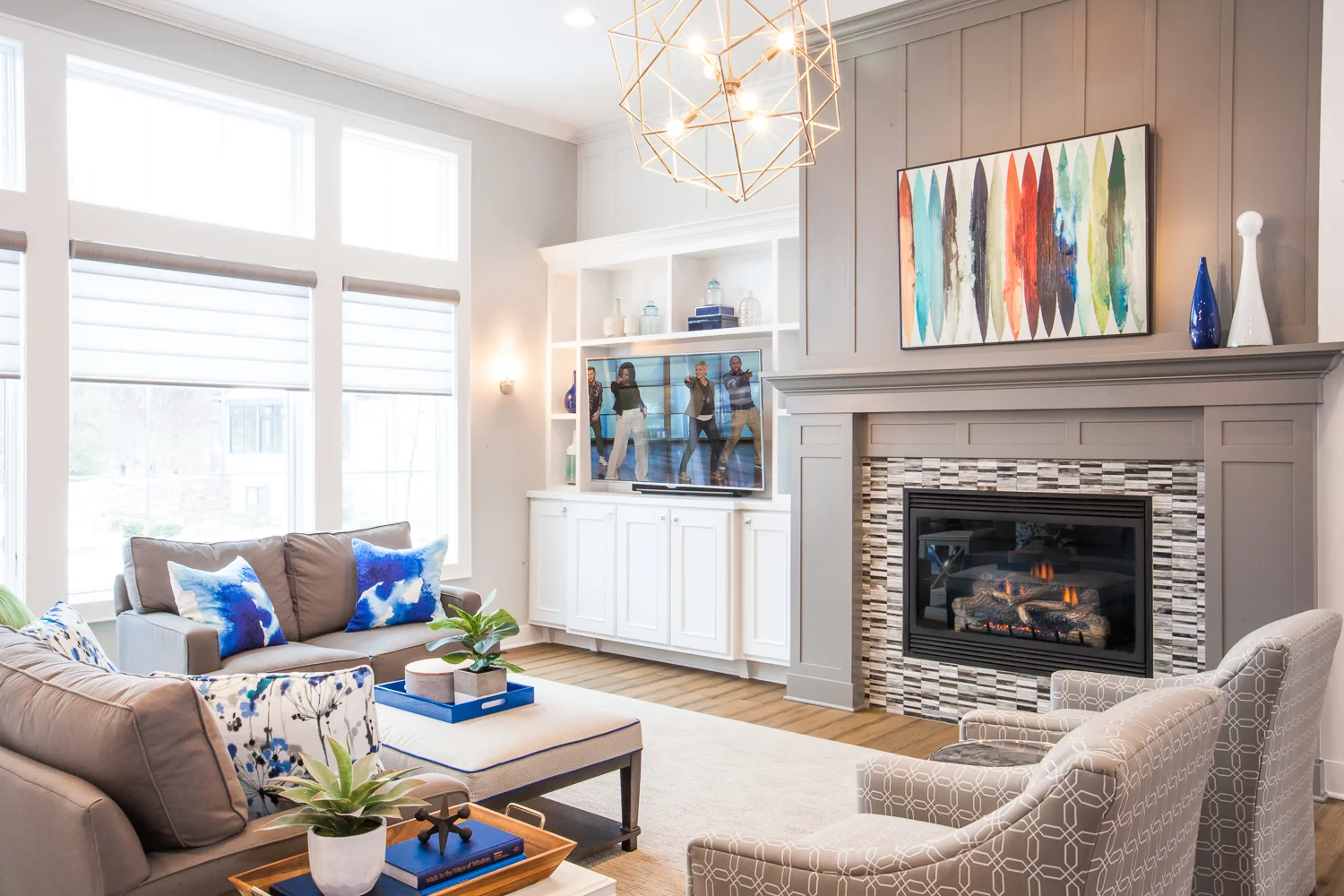 Manchester Hills, Grand Rapids, Michigan, Interior Designer, Fuchsia Design, Fuschia Design, Autumn Fuchs, Interior Design, West Michigan, Autocad, renovation, pop of color, talsma furniture, blue, green, mosaic tile fireplace, chelsea gray, chelsea grey, benjamin moore, 