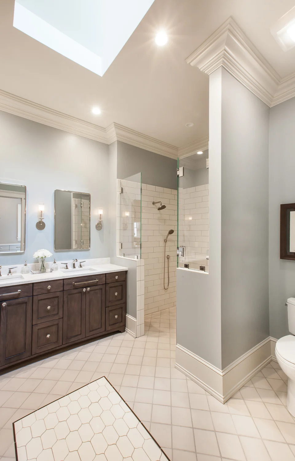 Heritage Hill Home, Grand Rapids, Michigan, Interior Designer, Fuchsia Design, Fuschia Design, Autumn Fuchs, Interior Design, West Michigan, Autocad, bathroom design, master bedroom, historic home, Woodways, exposed brick, bathroom, master bath, maple cabinetry, blue bathroom