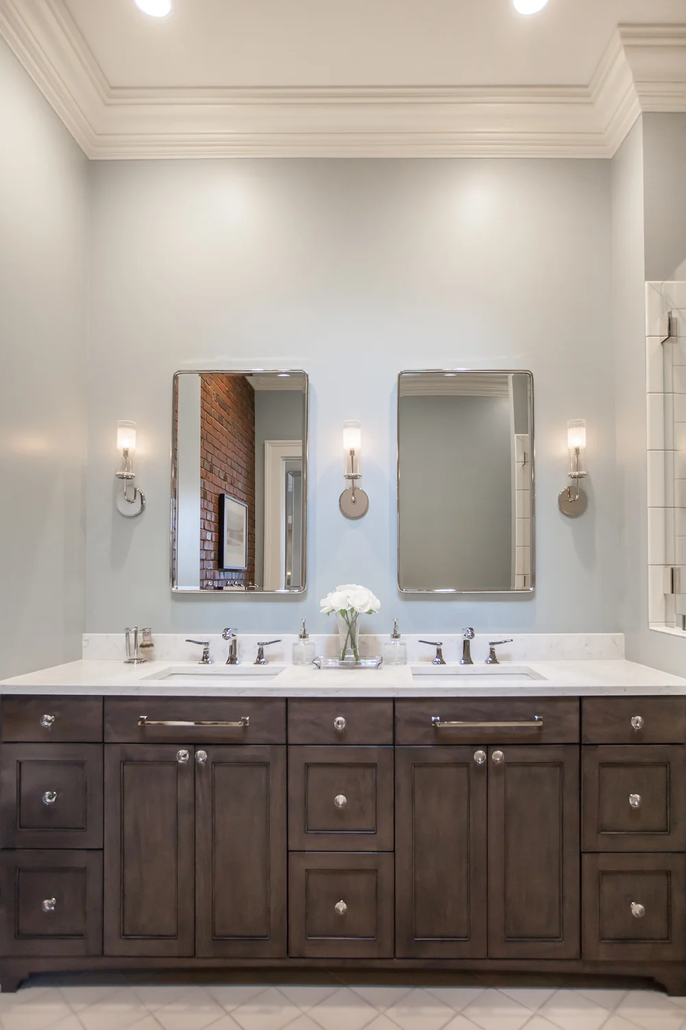 Heritage Hill Home, Grand Rapids, Michigan, Interior Designer, Fuchsia Design, Fuschia Design, Autumn Fuchs, Interior Design, West Michigan, Autocad, bathroom design, master bedroom, historic home, Woodways, exposed brick, bathroom, master bath, maple cabinetry, blue bathroom
