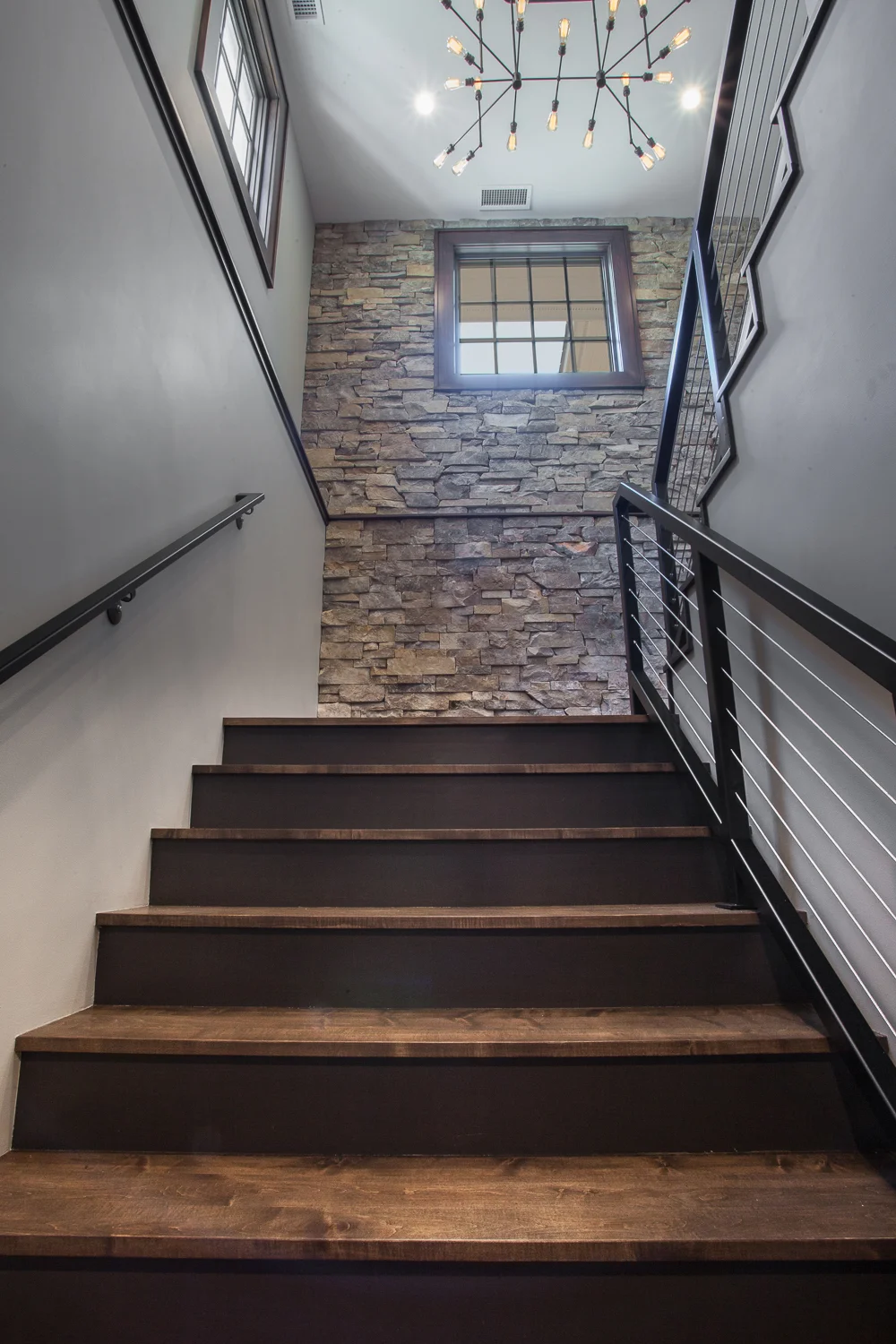Stone Wall Contemporary Stairs Wire Railing - Scott Christopher Homes, Sears Architects, Fuchsia Design