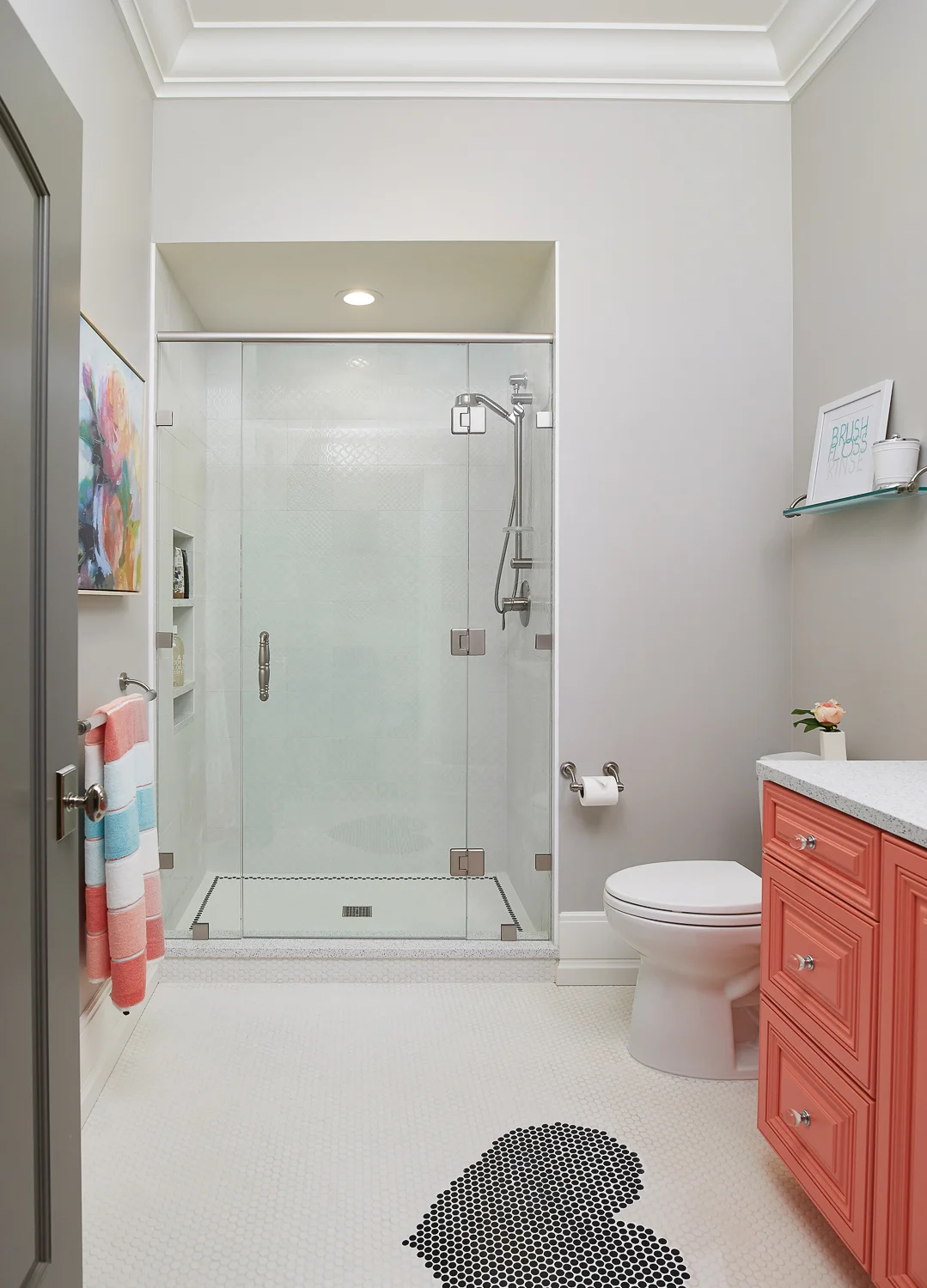 Stongington Gray can pair beautifully with pops of pastel colors like coral.