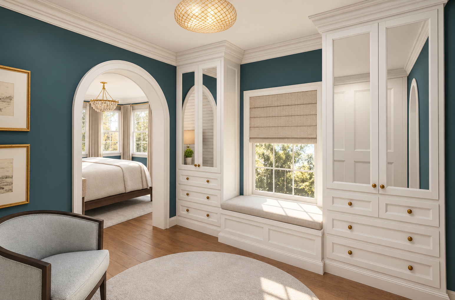 Elegant Teal Dressing Nook with Arched Bedroom View.png