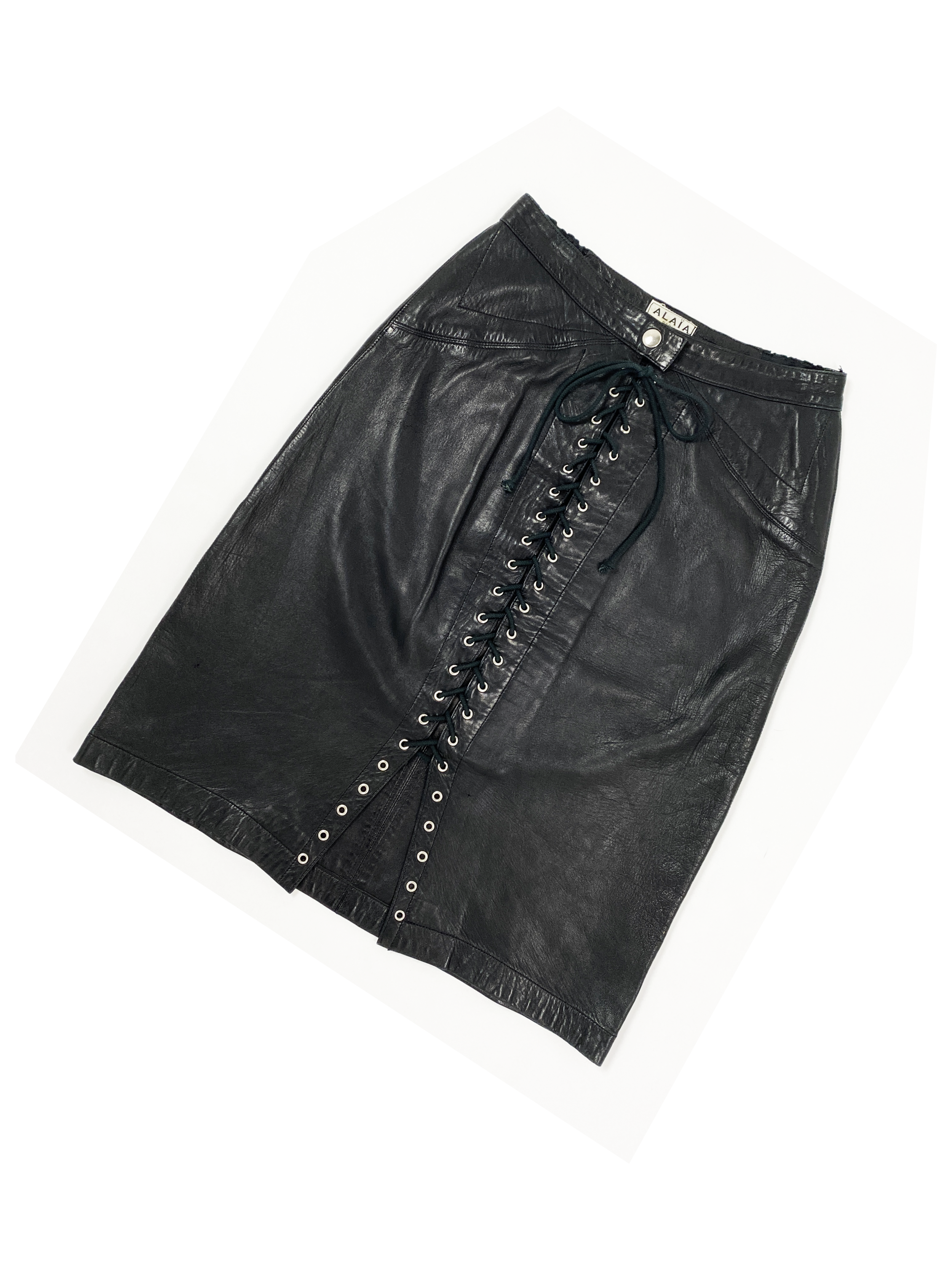 Alaia 80s black leather lace up skirt
