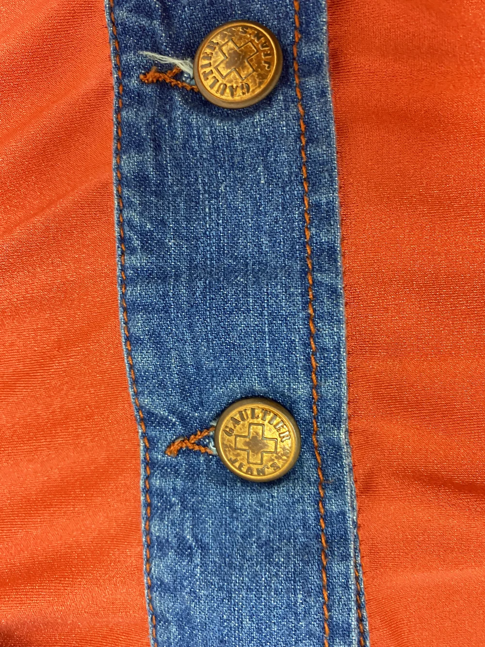 Jean Paul Gaultier orange stretch top with denim trim