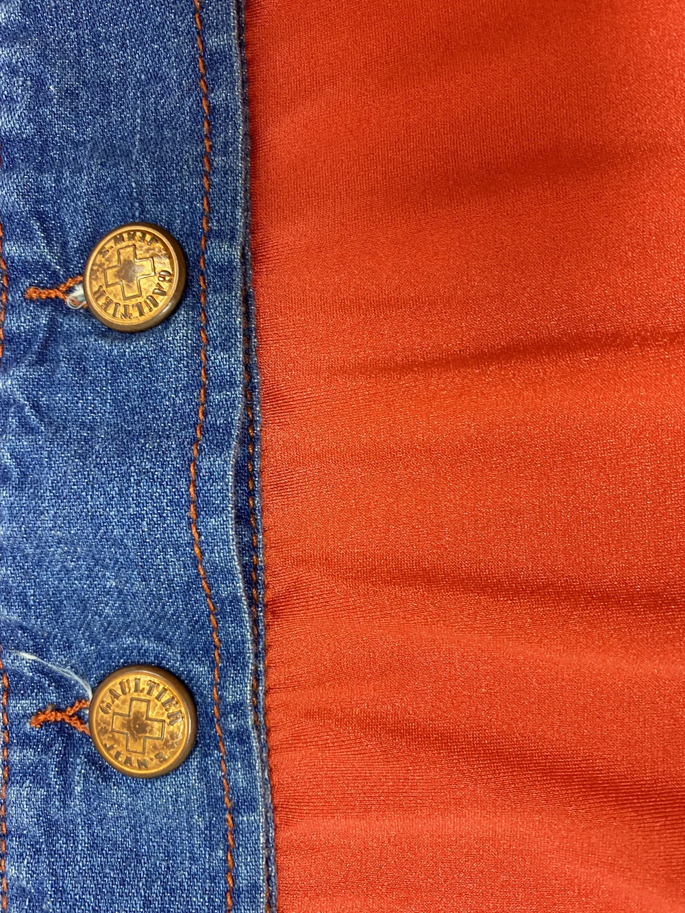Jean Paul Gaultier orange stretch top with denim trim — JAMES VELORIA