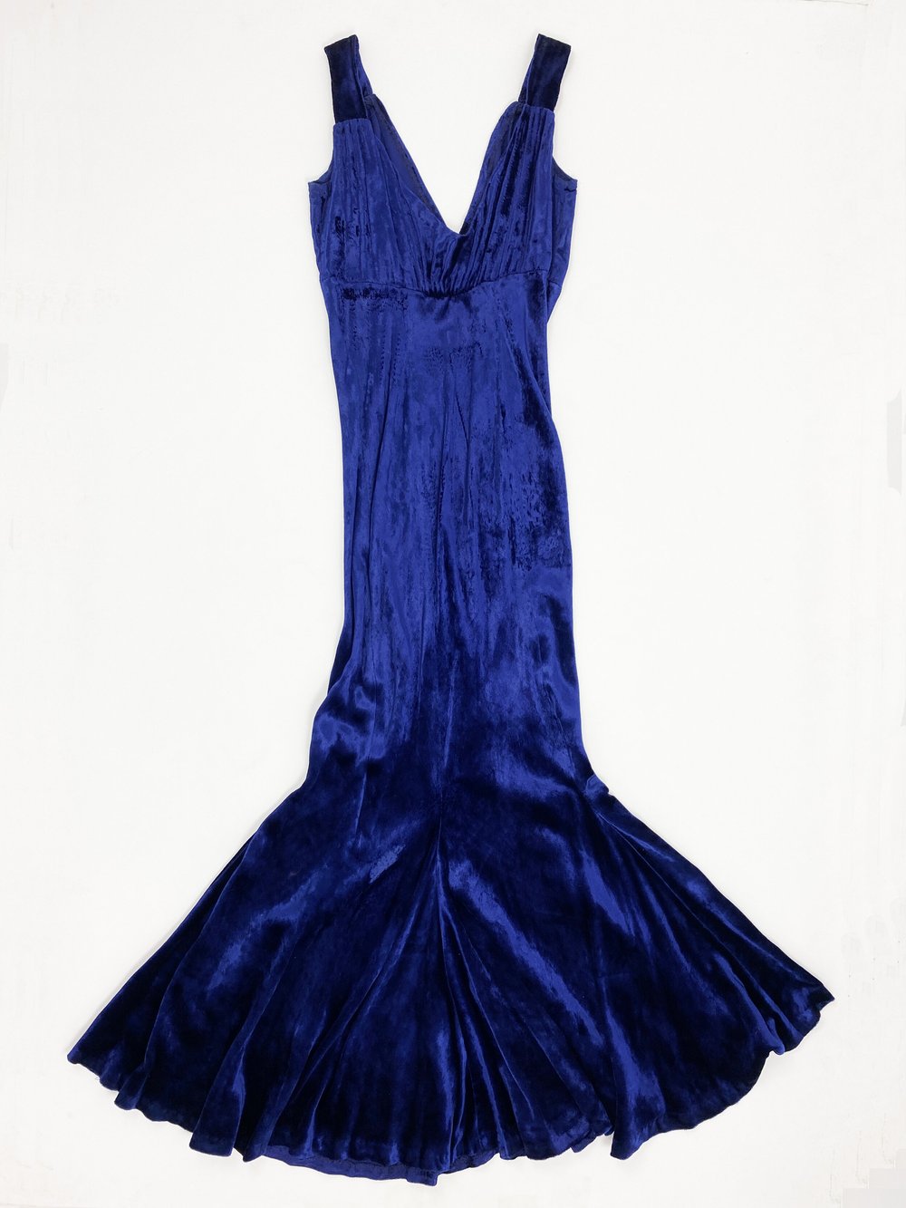 Norma Kamali 80s blue velvet bias cut dress — JAMES VELORIA