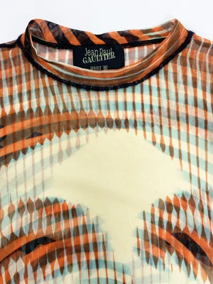 JPG jean paul gaultier トップス オレンジ archive Jean Paul Gaultier op art face print mesh top — JAMES VELORIA