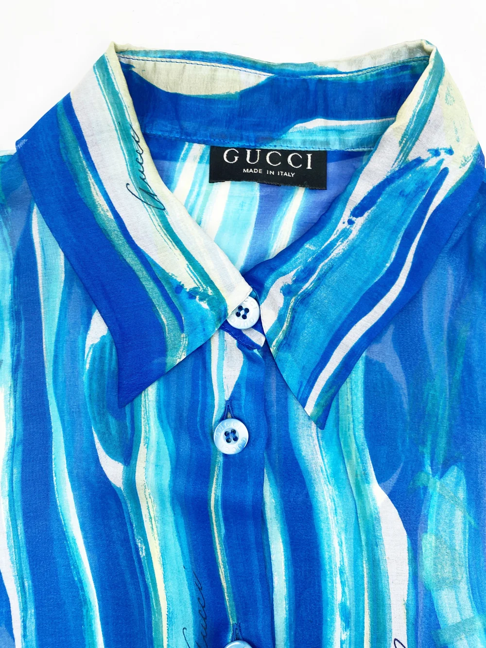 期間限定●GUCCIグッチ青地白水玉シルクシャツ Gucci S/S 1996 blue silk shirt — JAMES VELORIA